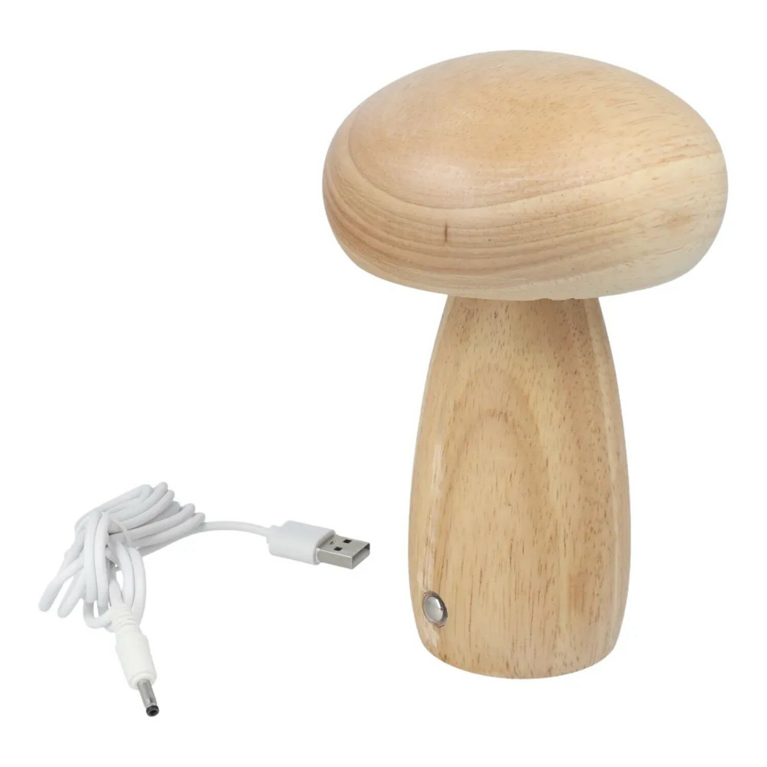 Eine holzfarbene, pilzförmige Lampe mit USB-Kabel. Die Lampe hat einen Knopf.