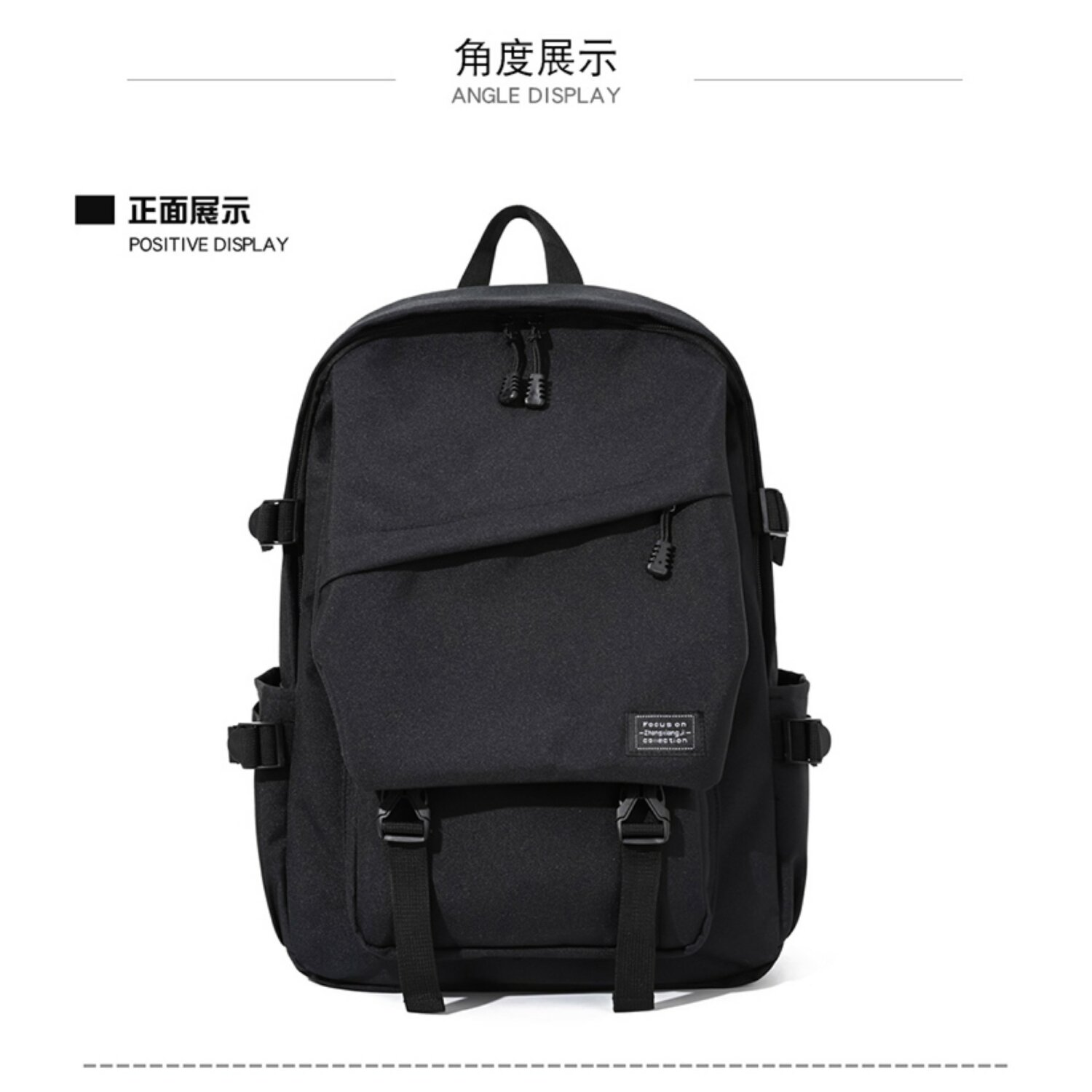 Ein schwarzer Rucksack mit mehreren Taschen und Gurten. Der Rucksack hat ein positives Display-Etikett.
