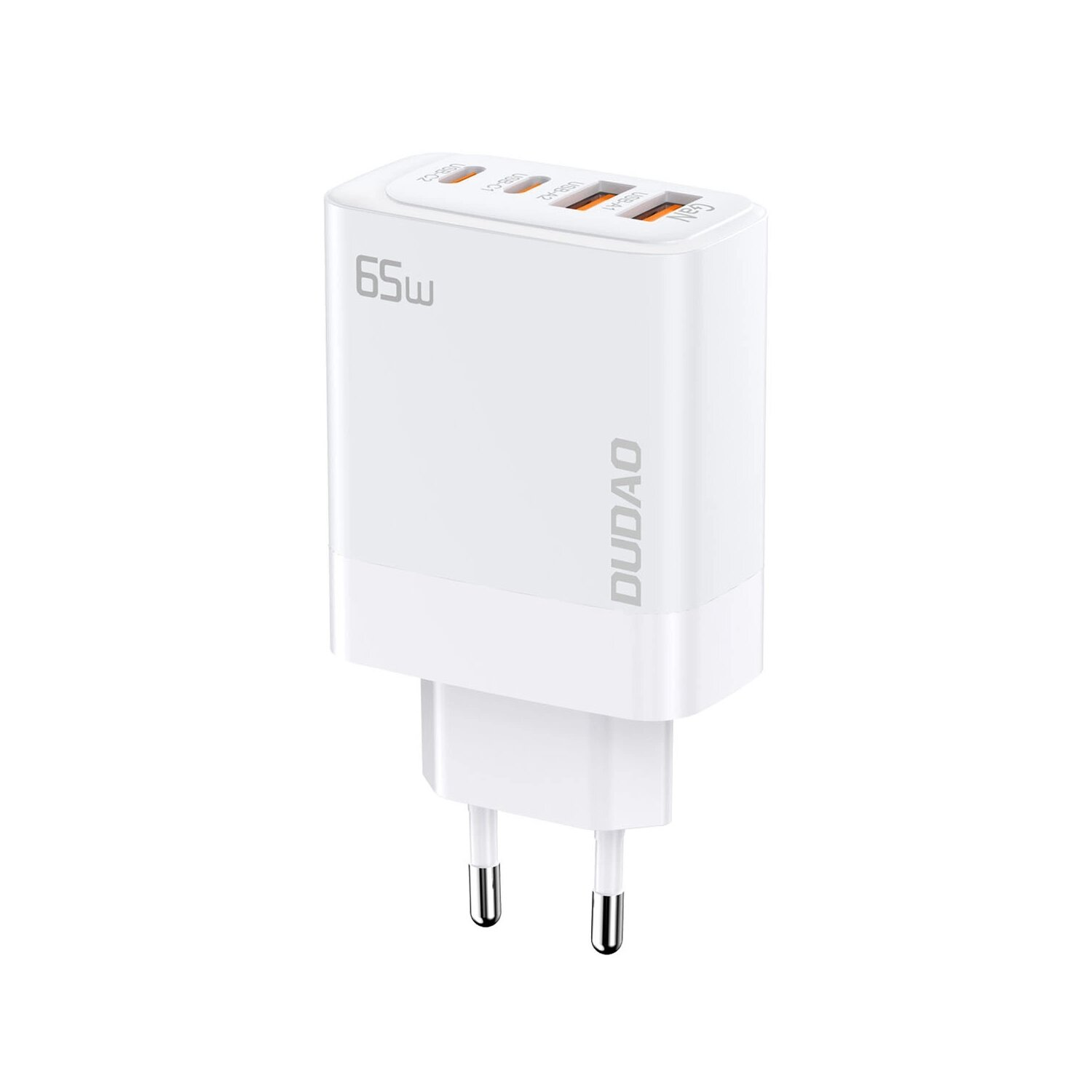 Weißes und graues DUDAO 65W Ladegerät mit drei USB-Anschlüssen.