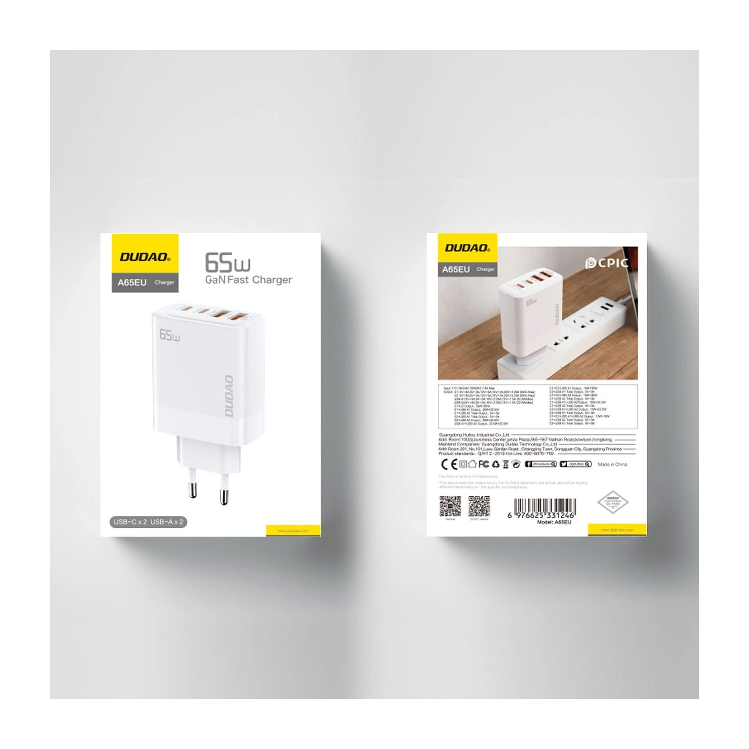 Zwei Produktboxen, ein weißes Ladegerät links und ein Ladegerät mit Steckern rechts.