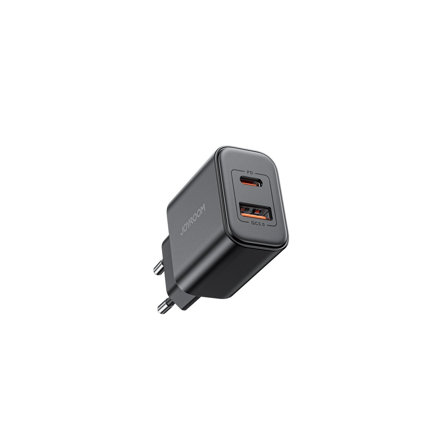 Ein schwarzes Joyroom-Ladegerät mit zwei Anschlüssen und einem Stecker.