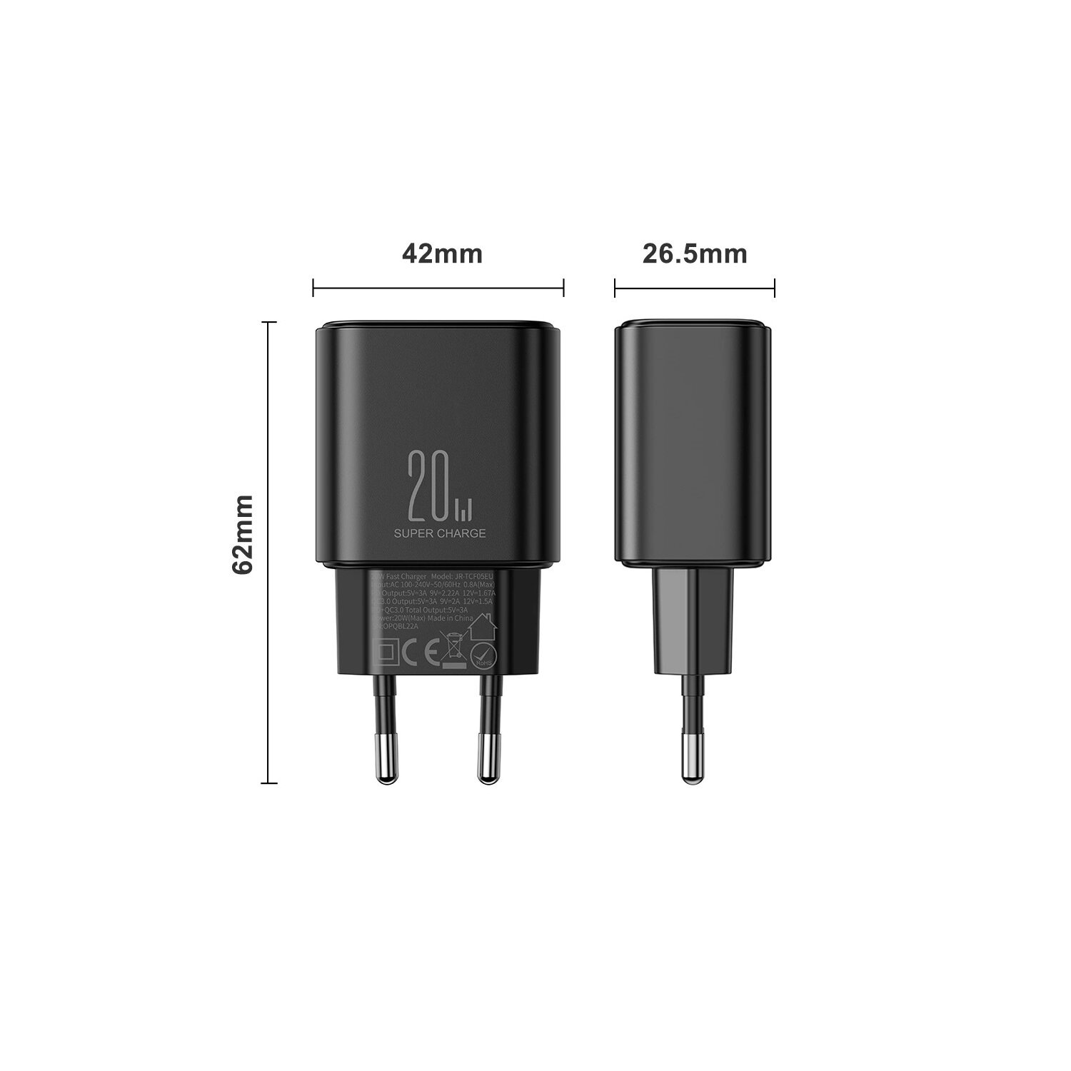 Schwarzes USB-Ladegerät mit Abmessungen: 62 mm Höhe, 42 mm Breite und 26,5 mm Tiefe, weißer Hintergrund.