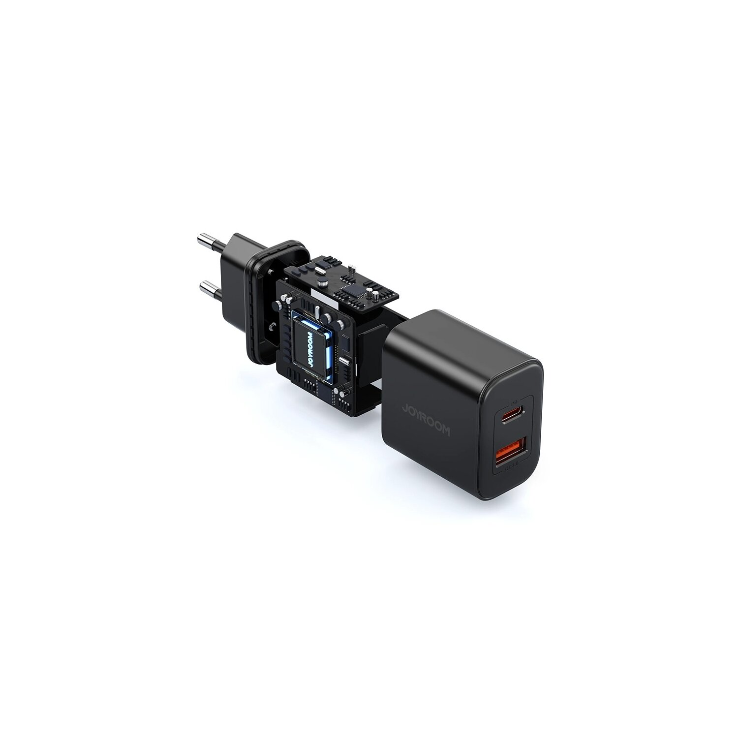 Ein schwarzes Netzteil mit freiliegenden Innenteilen und orangefarbenen USB-Anschlüssen, auf weißem Untergrund.