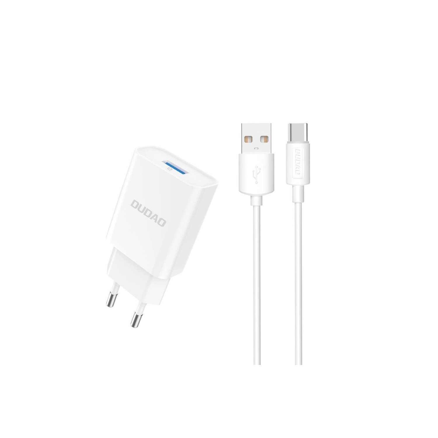 Biała ładowarka do telefonu z kablem USB i USB-C na białym tle.