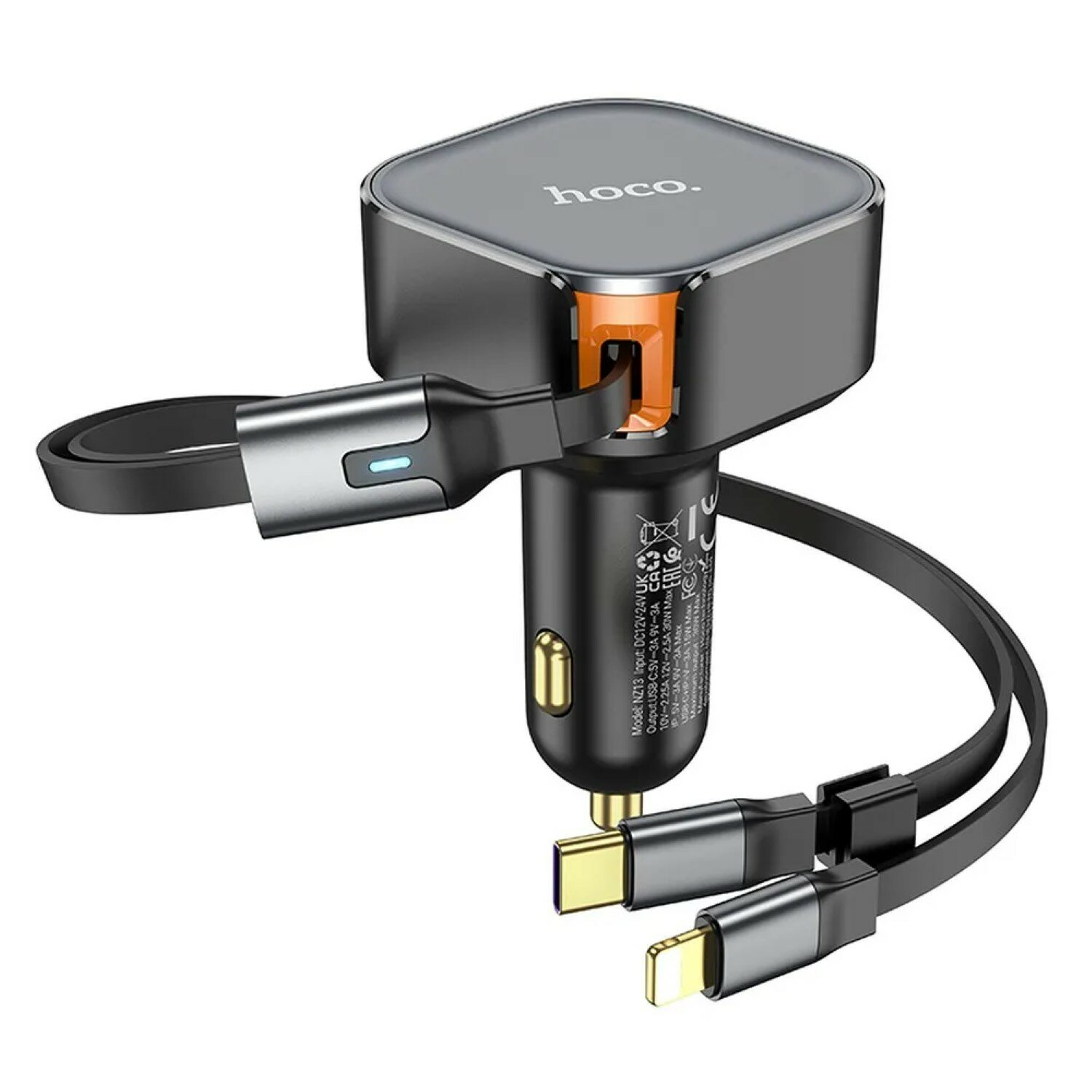Schwarzes und graues Autoladegerät mit mehreren USB-Anschlüssen und angeschlossenen Kabeln.
