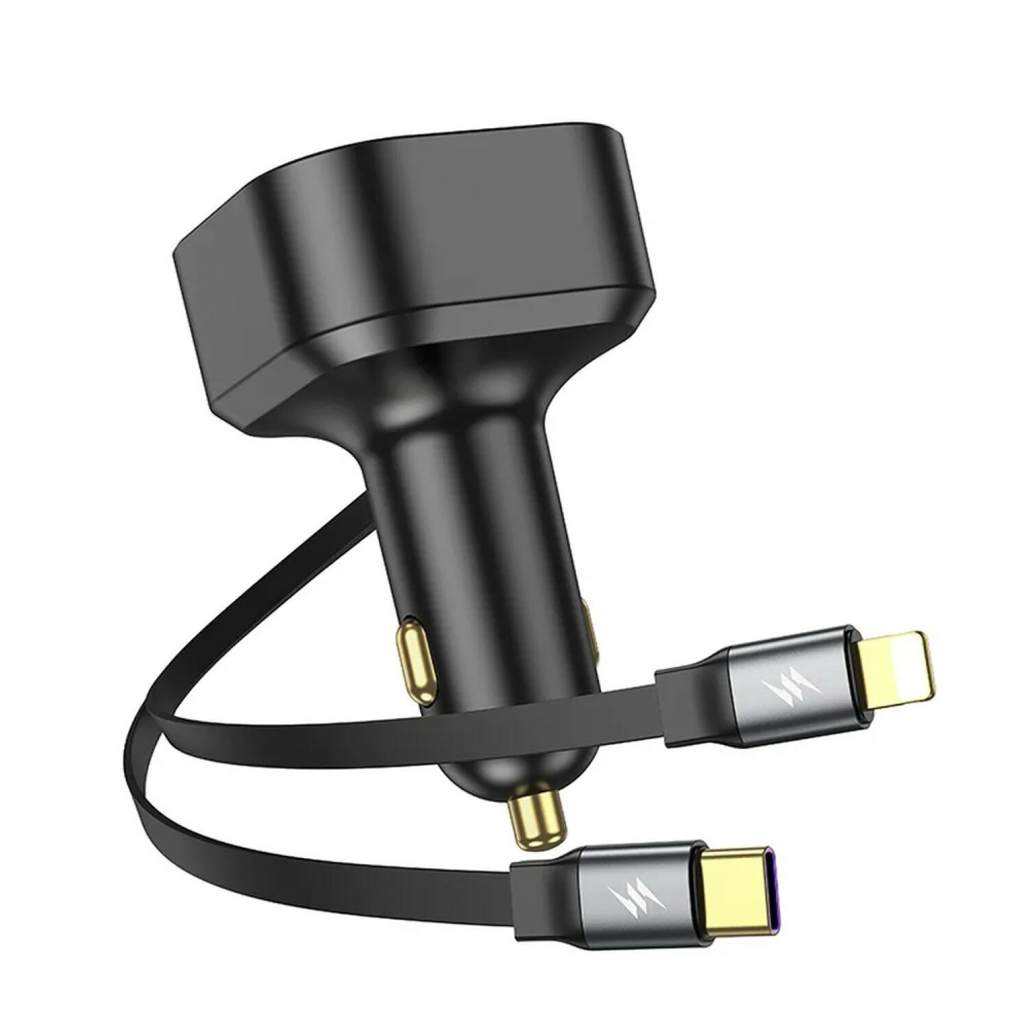 Schwarzes Autoladegerät mit angeschlossenen Kabeln. Ein USB-C- und ein Lightning-Kabel.