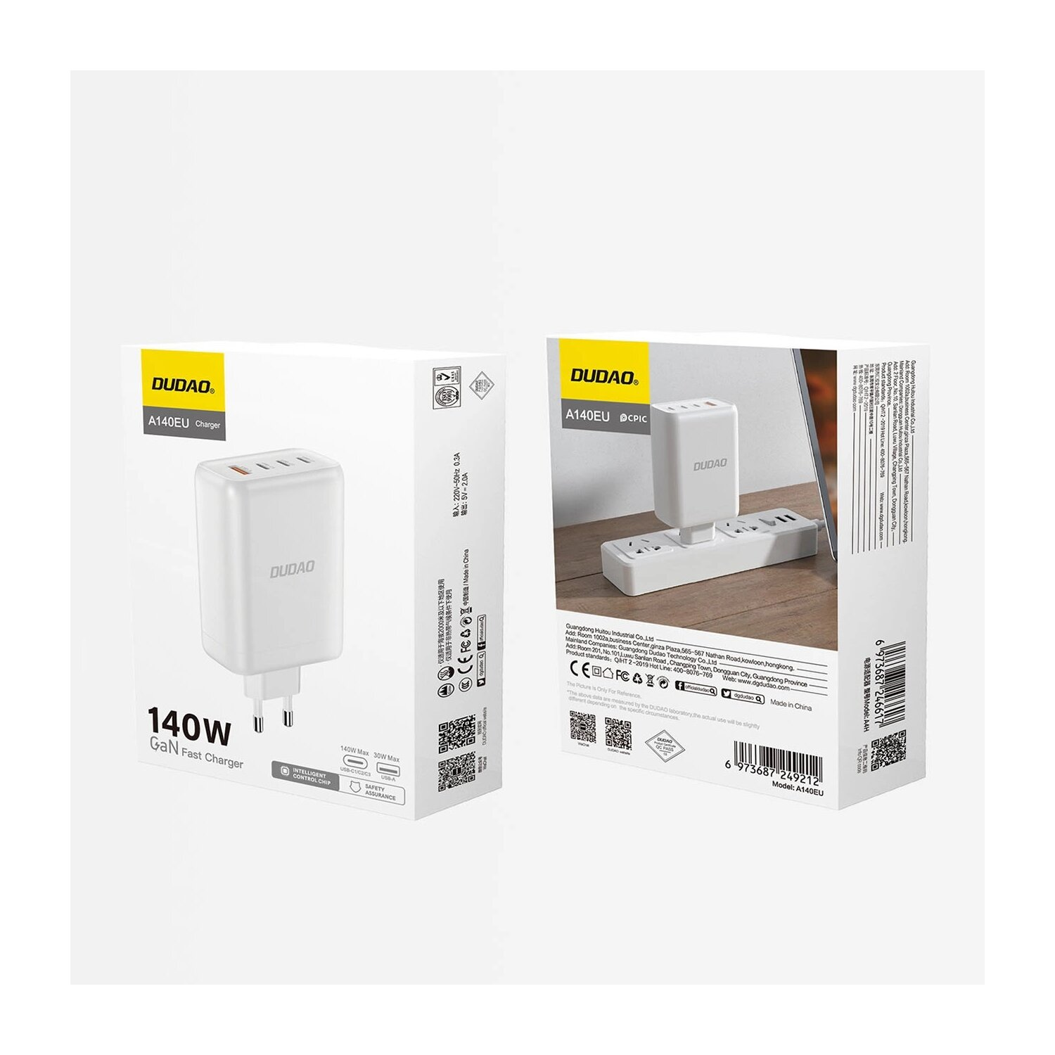 Zwei weiße Produktboxen, mit Ladegerät und Details.