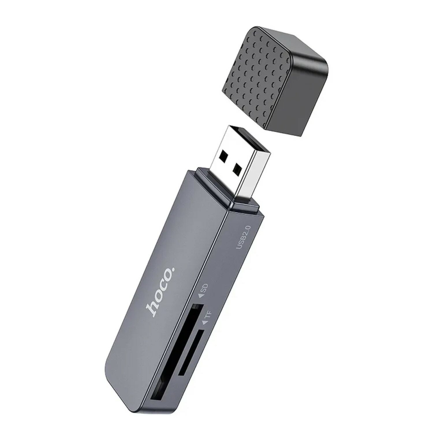 Lettore di schede USB grigio con slot SD e TF, cappuccio rimosso.