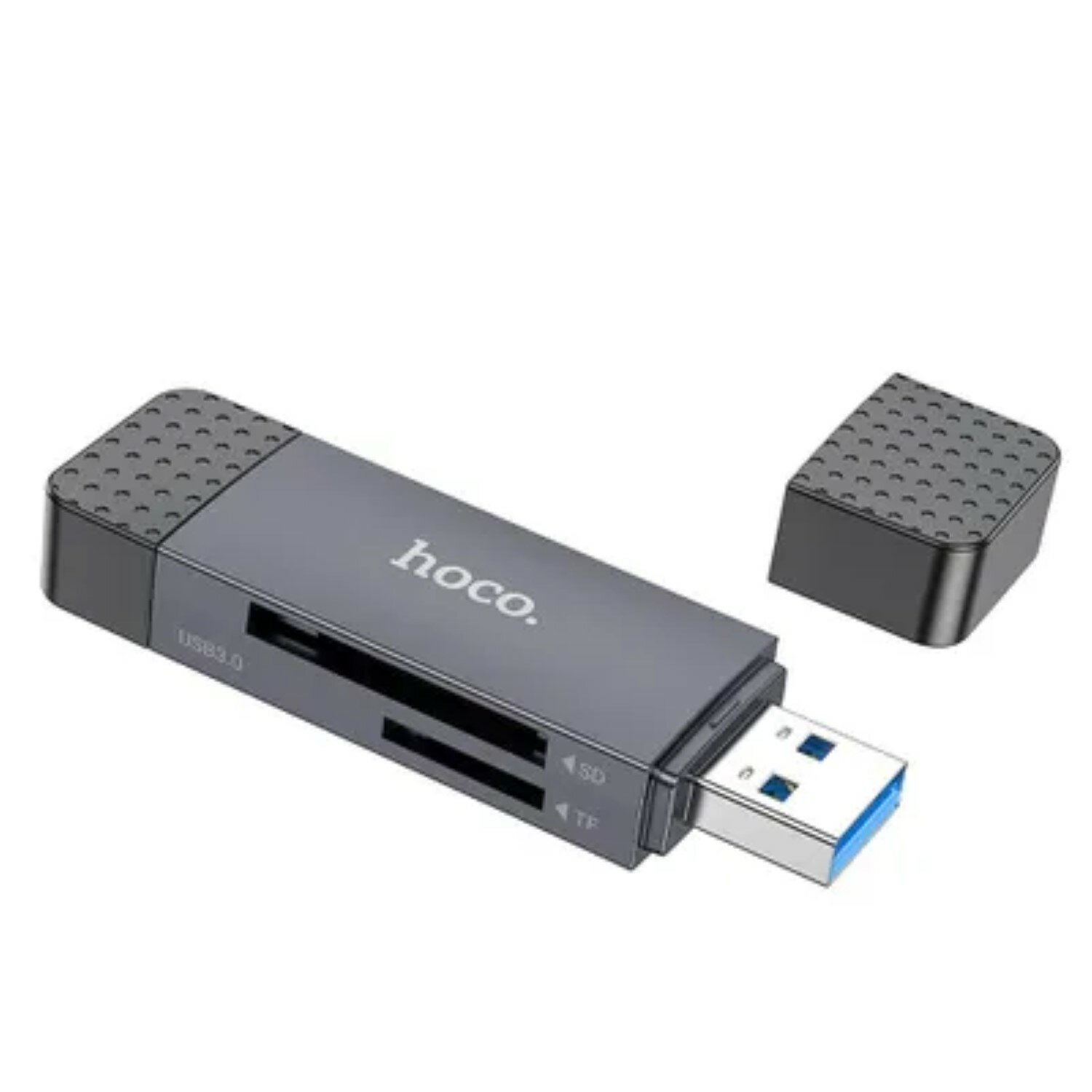 Ein grauer USB 3.0 Kartenleser mit USB-Anschluss und Steckplätzen für SD- und TF-Karten.