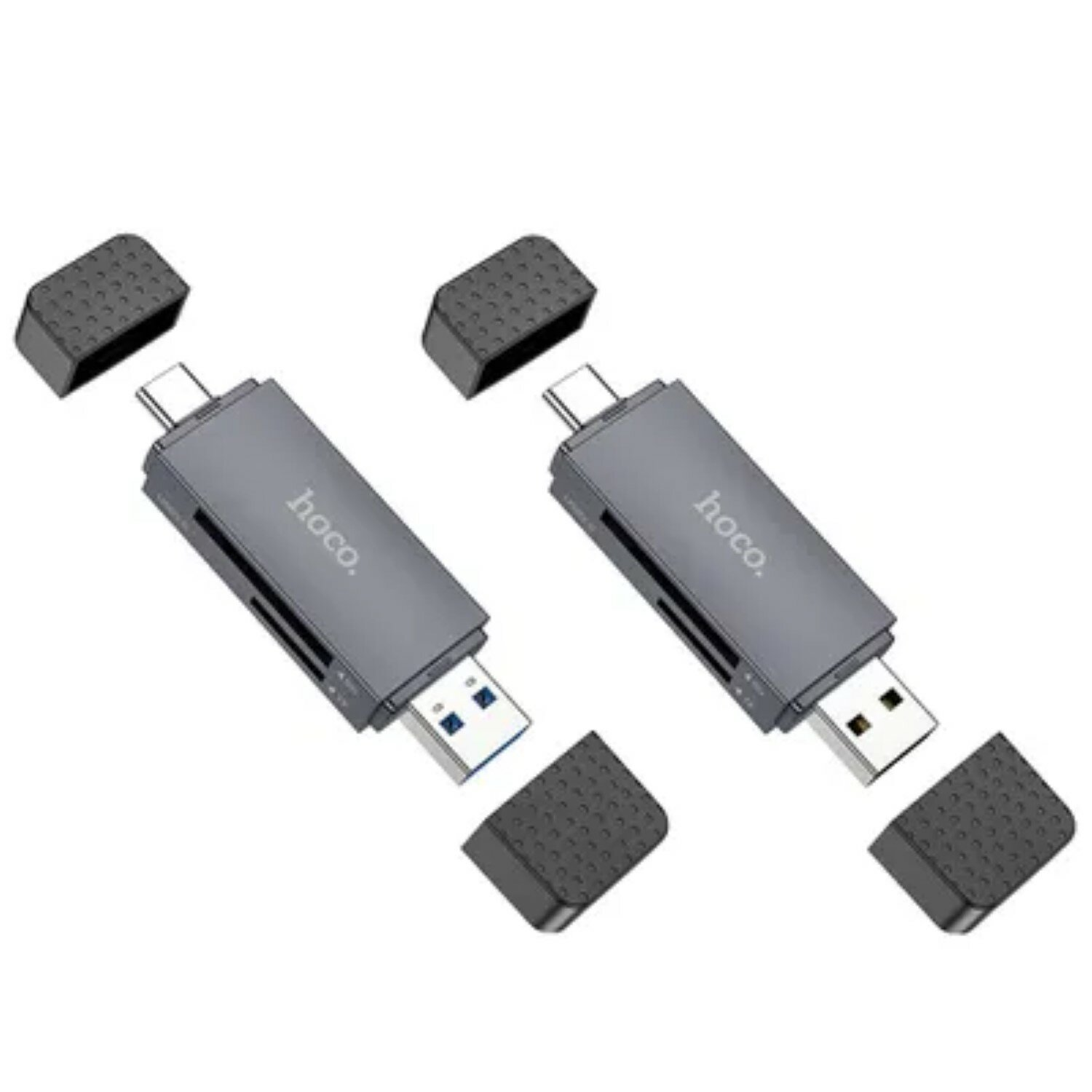Zwei graue USB-C-Multikartenleser, mit schwarzen Kappen, vor weißem Hintergrund.