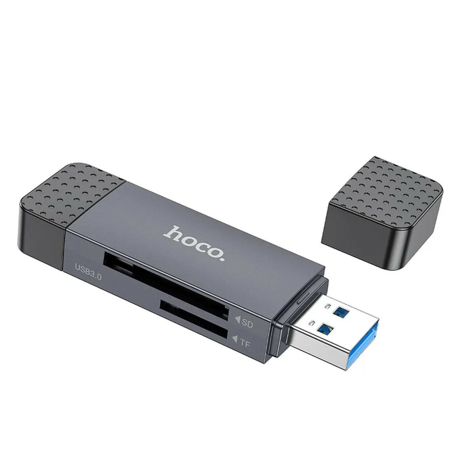 Un lettore di schede USB 3.0 grigio con tappo aperto e spina USB.