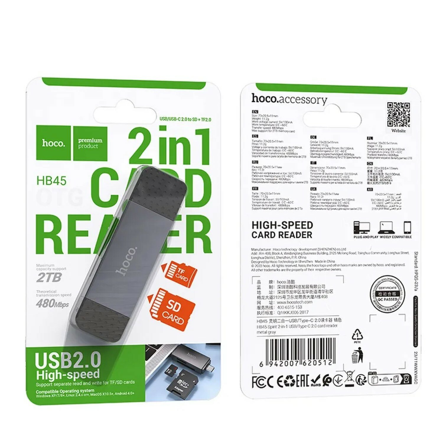 Confezione del lettore di schede. Legge e scrive schede SD e TF. USB 2.0 e USB-C.