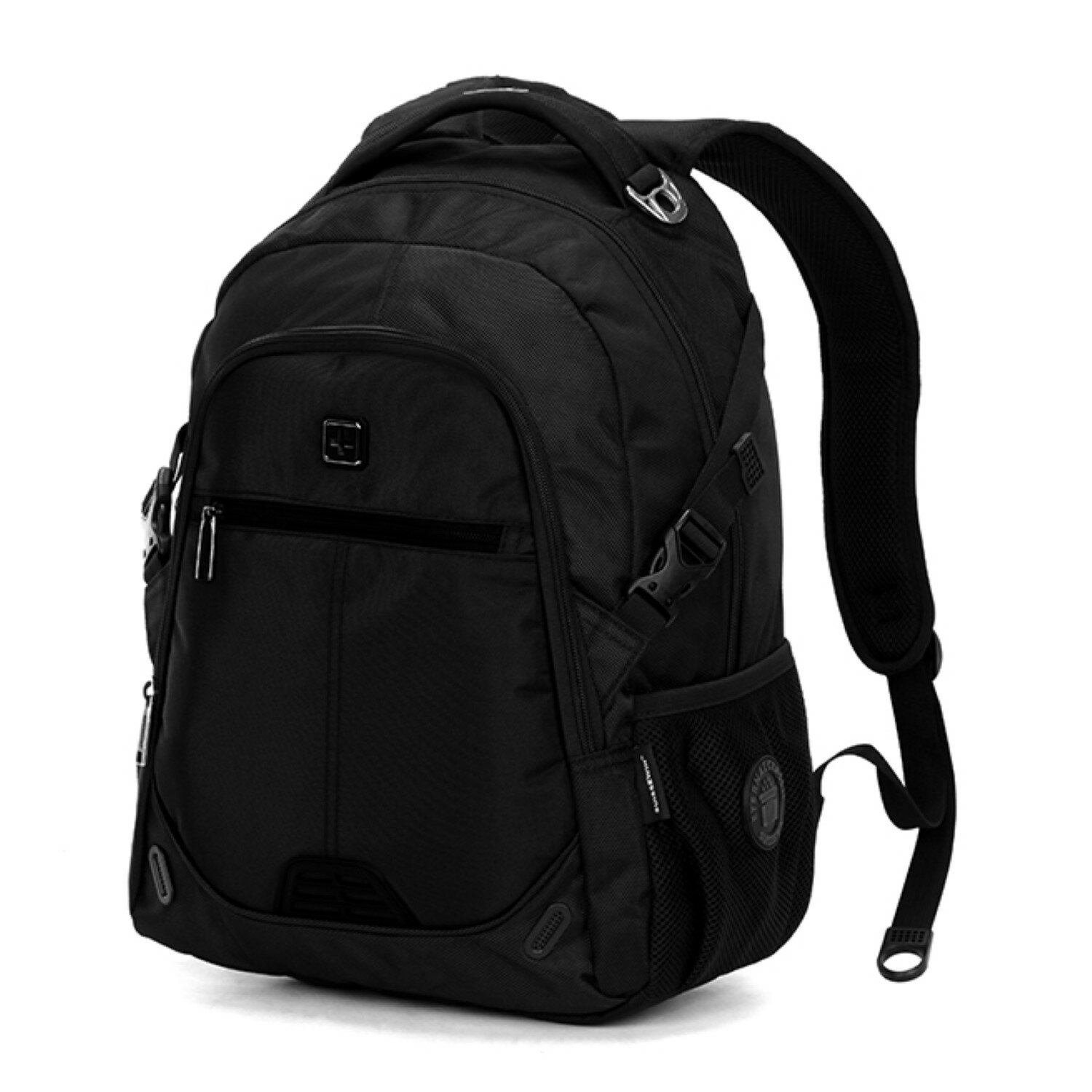 Schwarzer Rucksack mit mehreren Fächern und Riemen auf weißem Hintergrund.