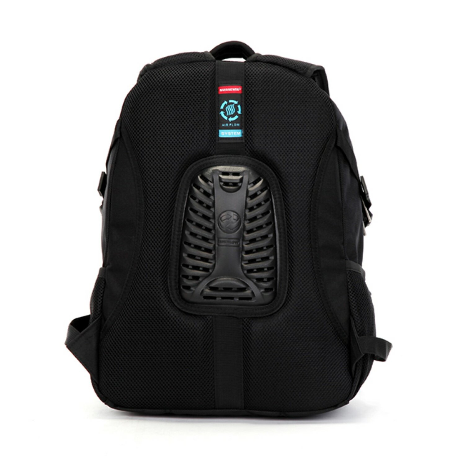 Schwarzer Rucksack, Rückansicht. Er hat ein Netz-Rückenteil, Airflow-System und Markenlogo.