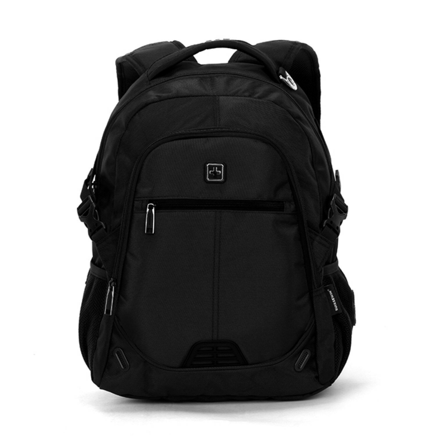 Schwarzer Rucksack mit mehreren Fächern und einem Logo.
