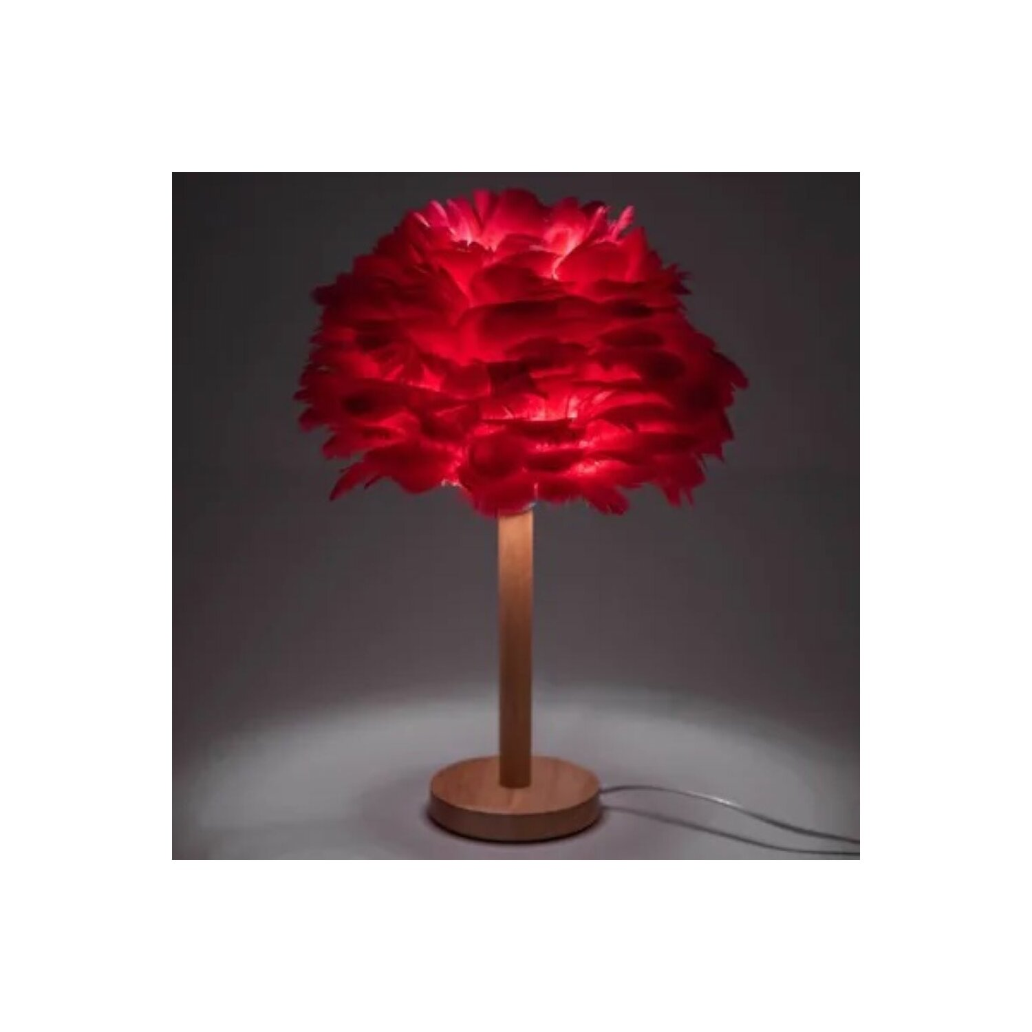 Eine rote Federlampe mit Holzsockel und -stiel. Das Licht scheint auf einen dunklen Hintergrund.