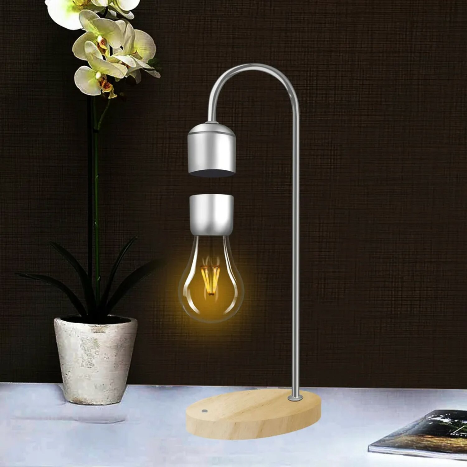 Eine schwebende Glühlampenlampe. Sie hat einen Holzsockel, einen Metallständer und einen Blumentopf.