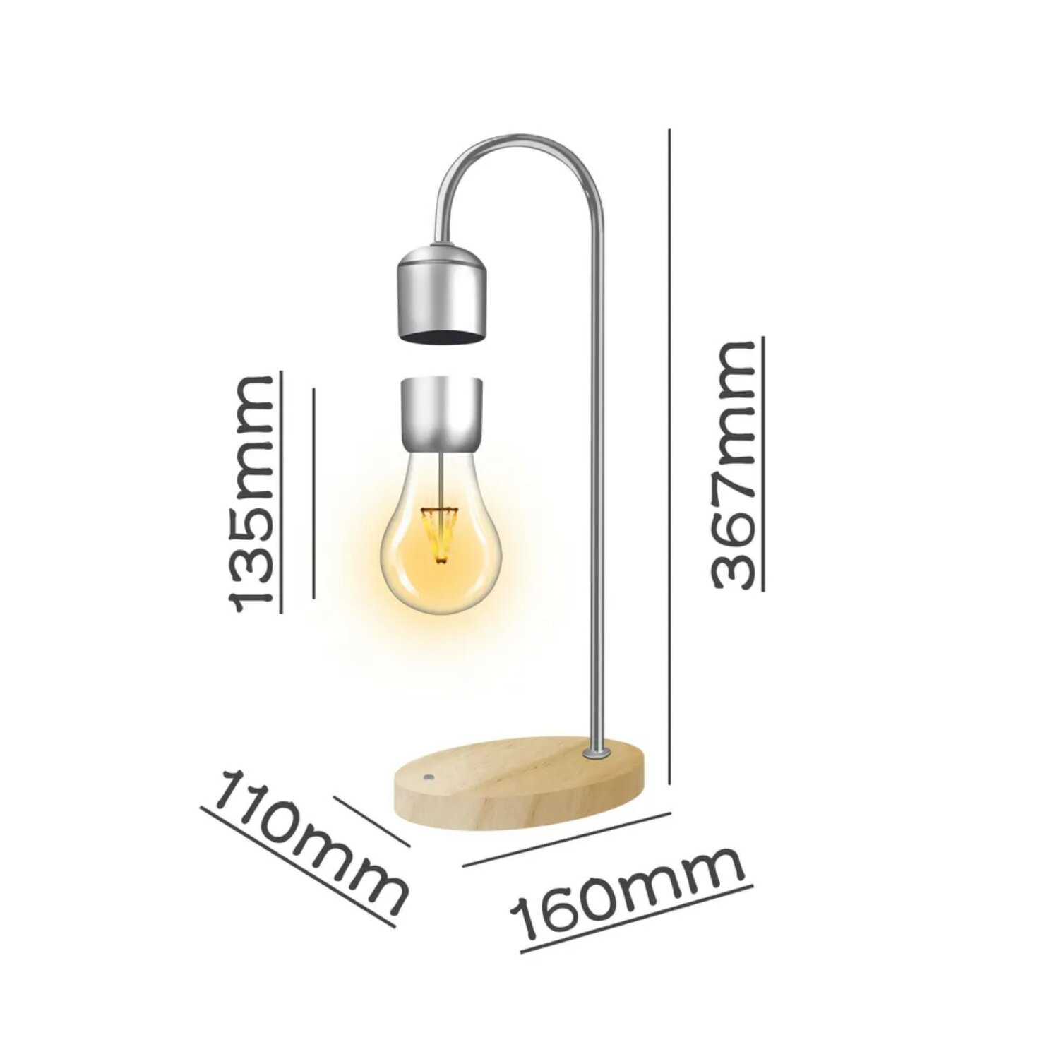 Schwebende Glühbirnenlampe mit Abmessungen. Holzsockel, silberner Bogen, schwarzer Text.