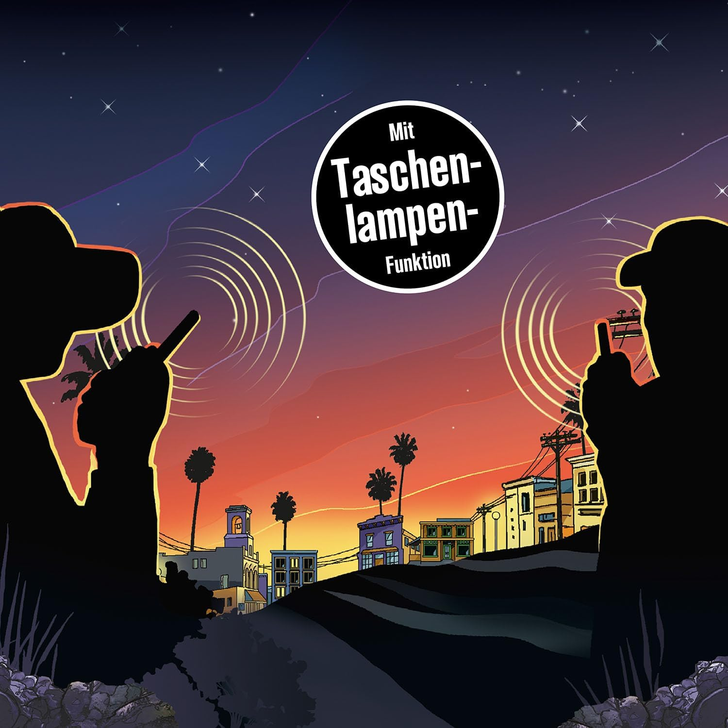 Silhouetten von zwei Personen mit Walkie-Talkies vor Sonnenuntergang, Text sagt 'Taschenlampenfunktion'.