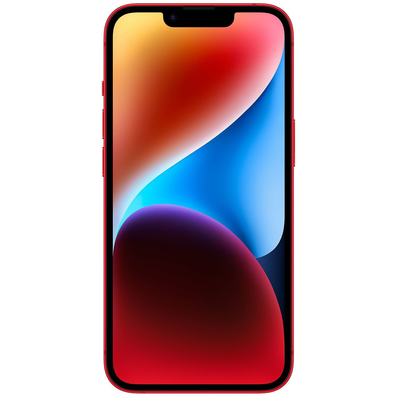iPhone rosso con display colorato in sfumature di rosso, arancione, blu e viola.