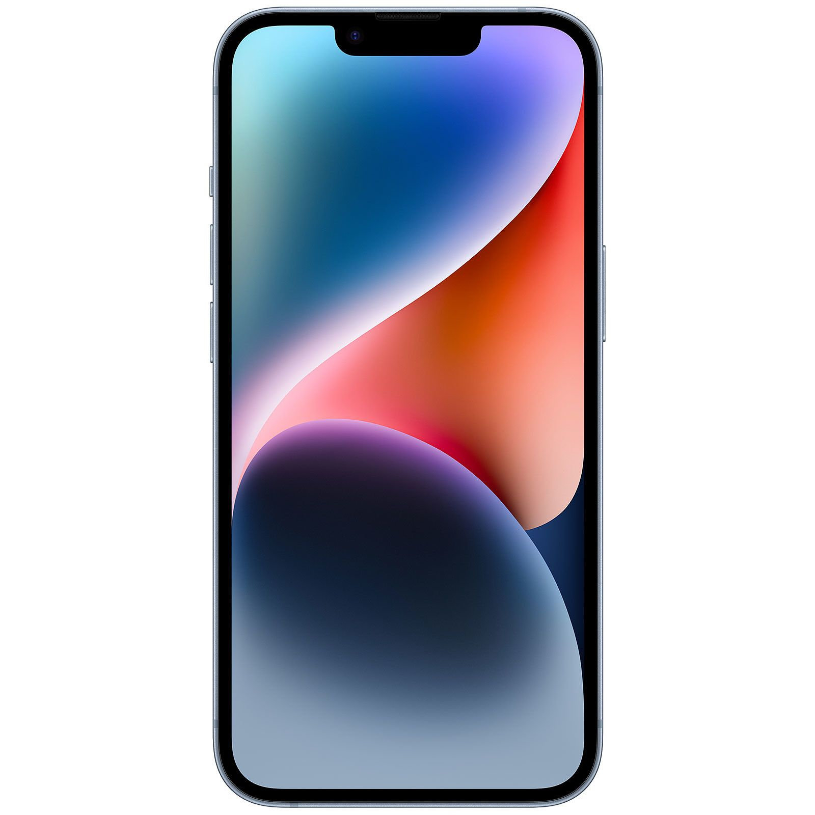 Un telefono blu con uno schermo che mostra un'immagine astratta e colorata.