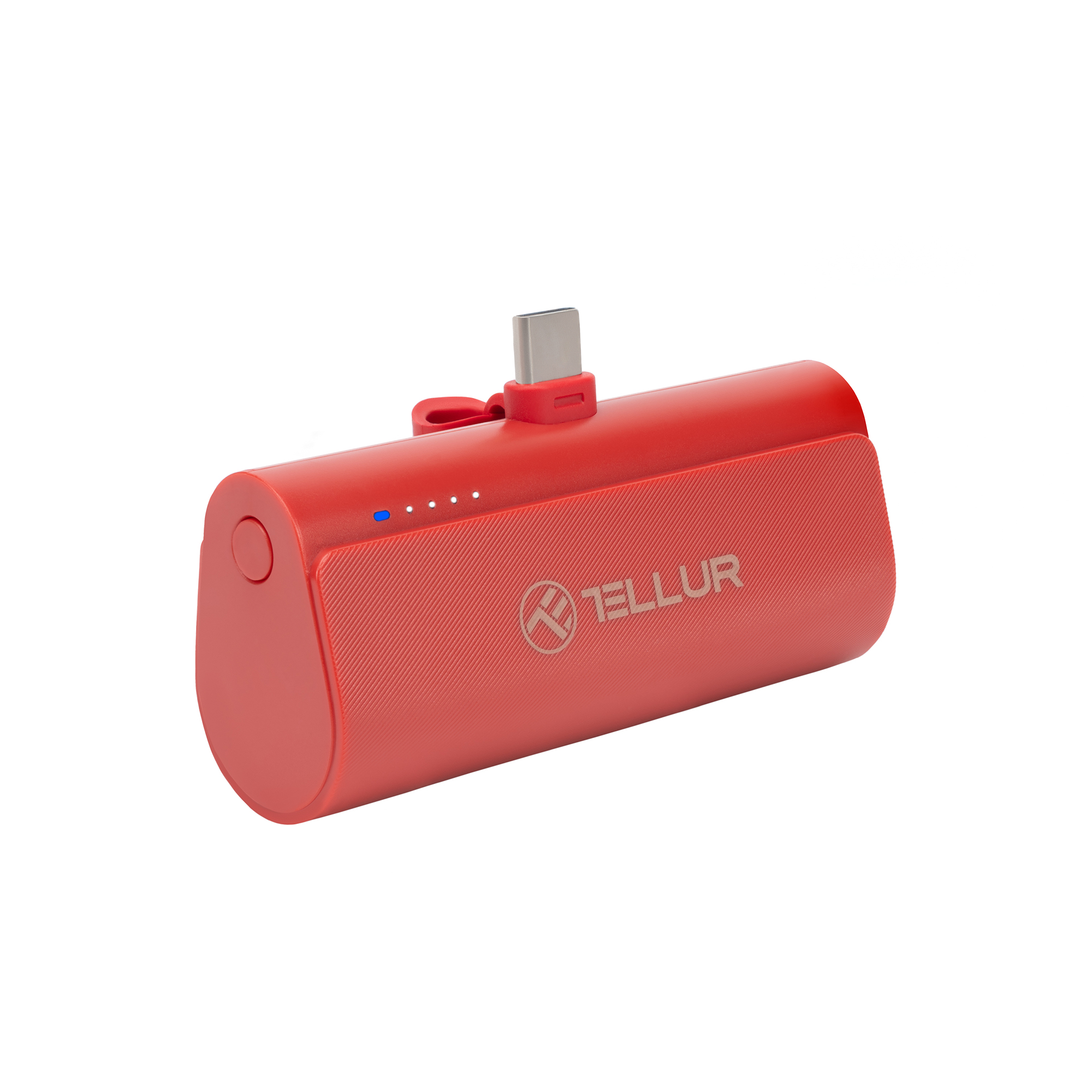 Czerwony power bank z portem USB-C. Ma przycisk i wskaźnik. Białe tło.