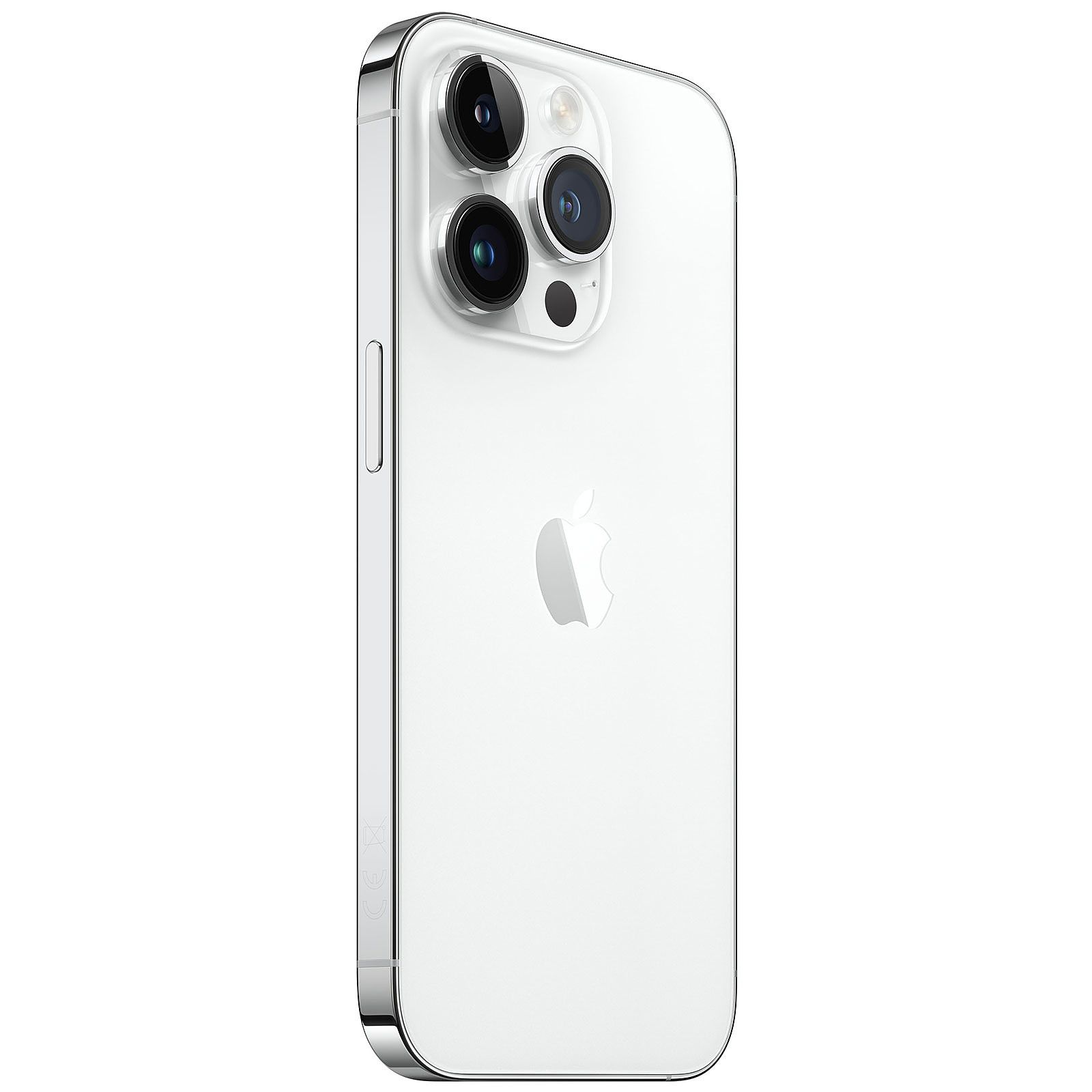 Weißes iPhone mit silbernem Rahmen. Es hat drei Rückkameras und das Apple-Logo.