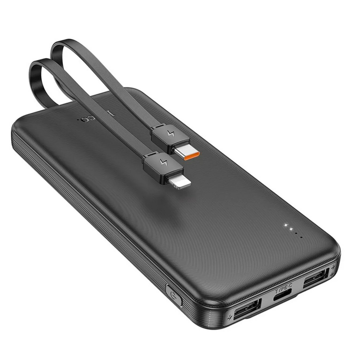 Schwarze Powerbank mit Ladekabeln. USB-C- und Lightning-Anschlüsse. Weißer Hintergrund.