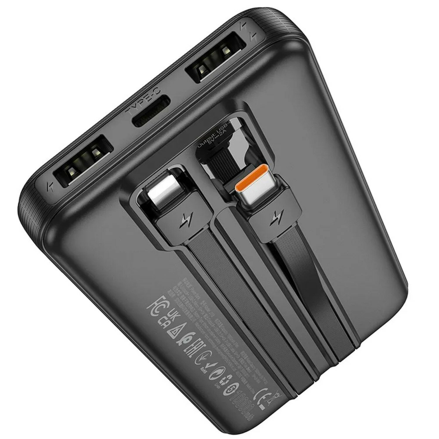 Eine schwarze Powerbank mit mehreren Anschlüssen. Sie hat USB- und Typ-C-Anschlüsse und angeschlossene Ladekabel.