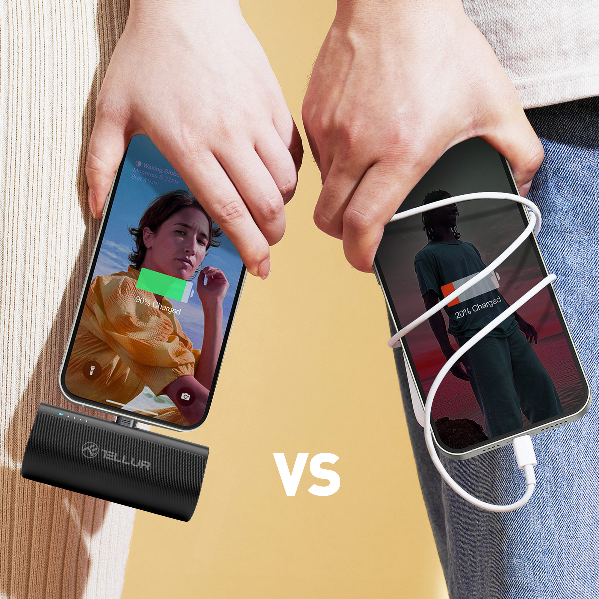 Dwie dłonie trzymające telefony, jeden pokazuje 90% naładowania, drugi 20% naładowania i ładowarkę.