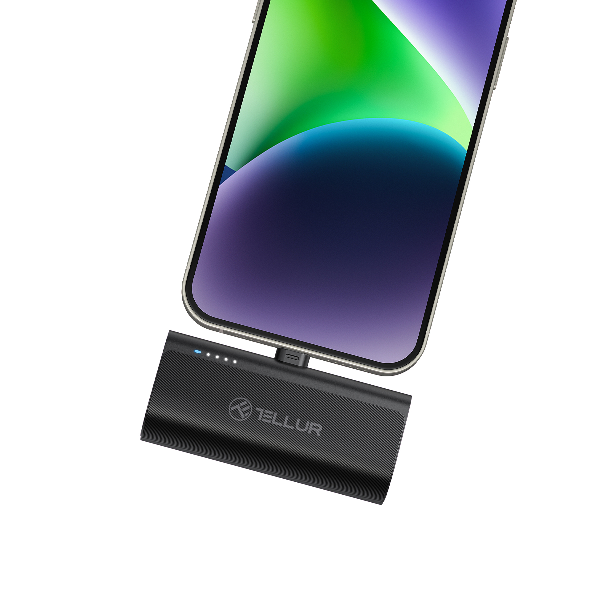 Ein Telefon ist an eine schwarze Powerbank angeschlossen. Die Powerbank hat ein Tellur-Logo.