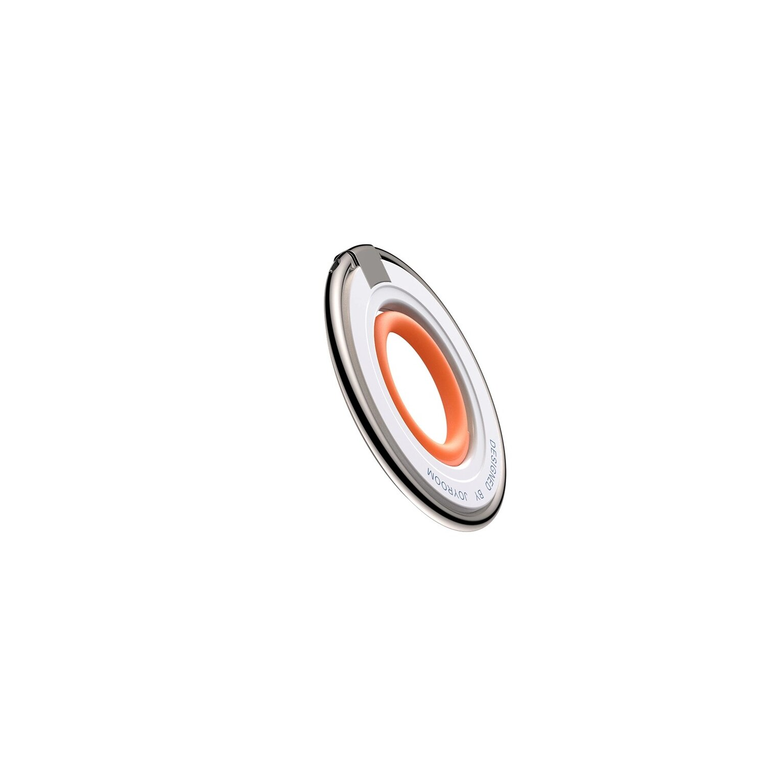 Uchwyt na pierścień do telefonu, z pomarańczowym środkiem i srebrnym pierścieniem zewnętrznym na białym tle.