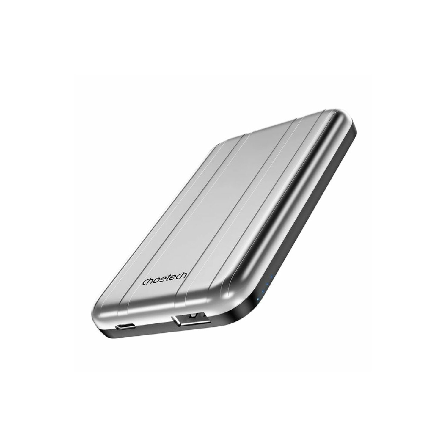 Eine silberne Powerbank mit dem Wort "choetech". Der Hintergrund ist weiß.