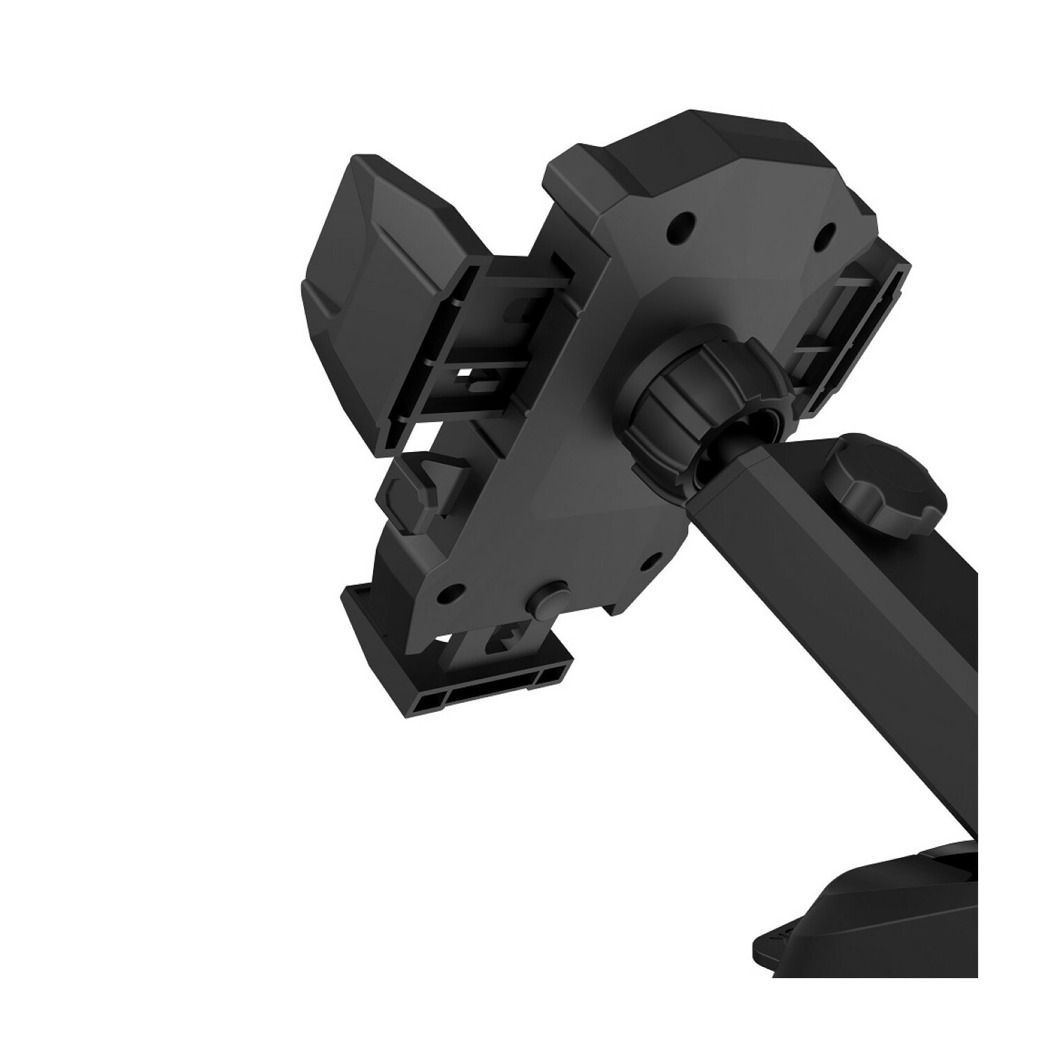 Schwarzer Telefonhalter mit verstellbarem Arm. Weißer Hintergrund.