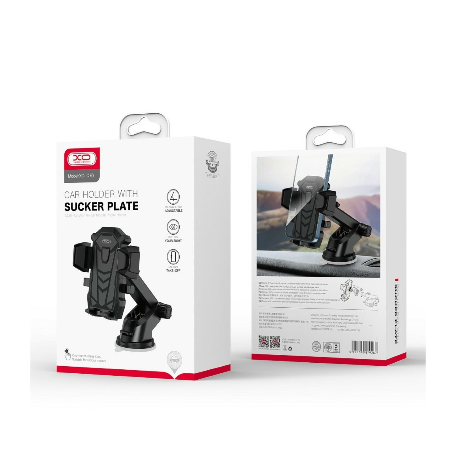 Verpackung für Autohalterung, Vorder- und Rückansicht. Autohalterung mit Saugnapf.