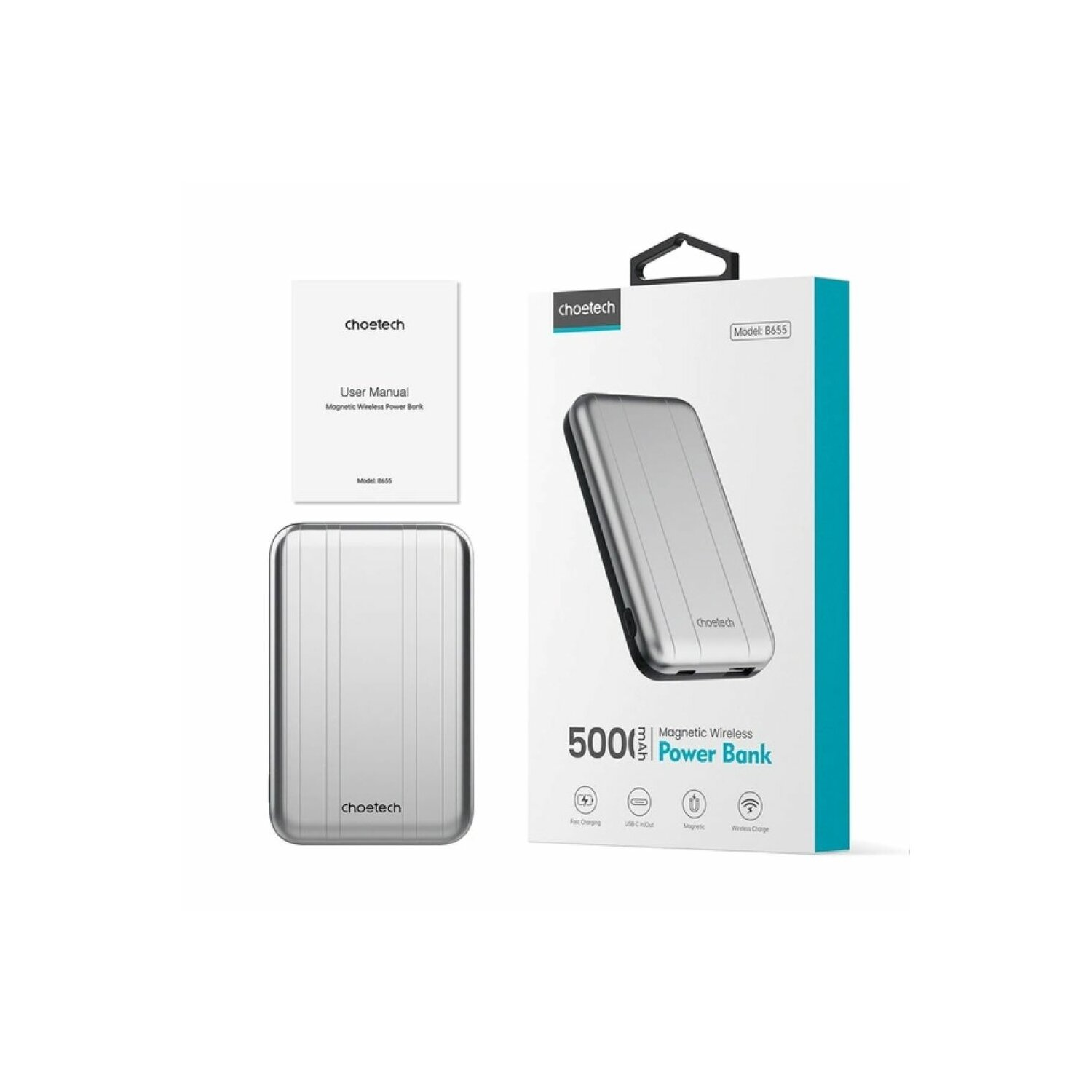 Silberne Powerbank mit Box, Benutzerhandbuch und Markennamen auf der Box.
