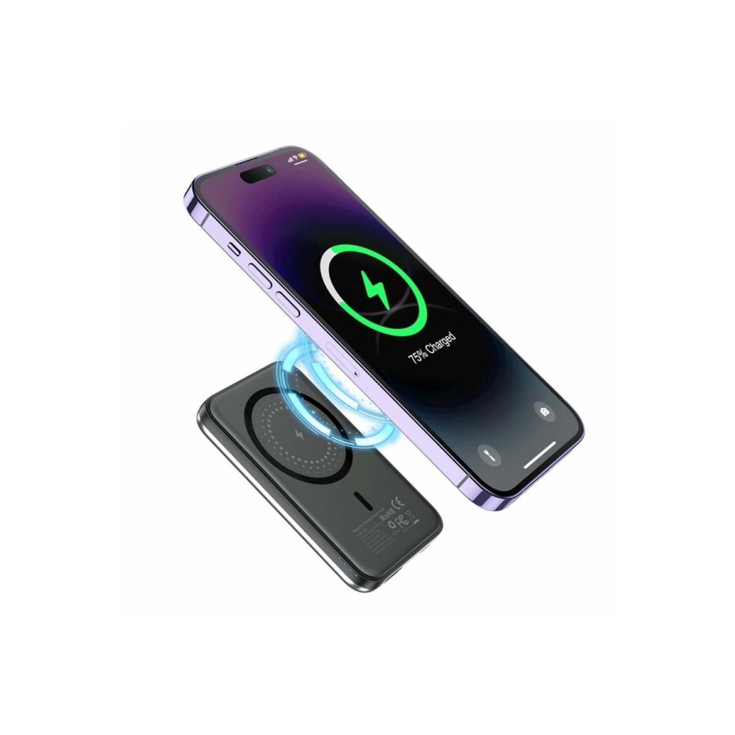 Telefon lädt drahtlos auf einem Pad, ein anderes Telefon daneben.