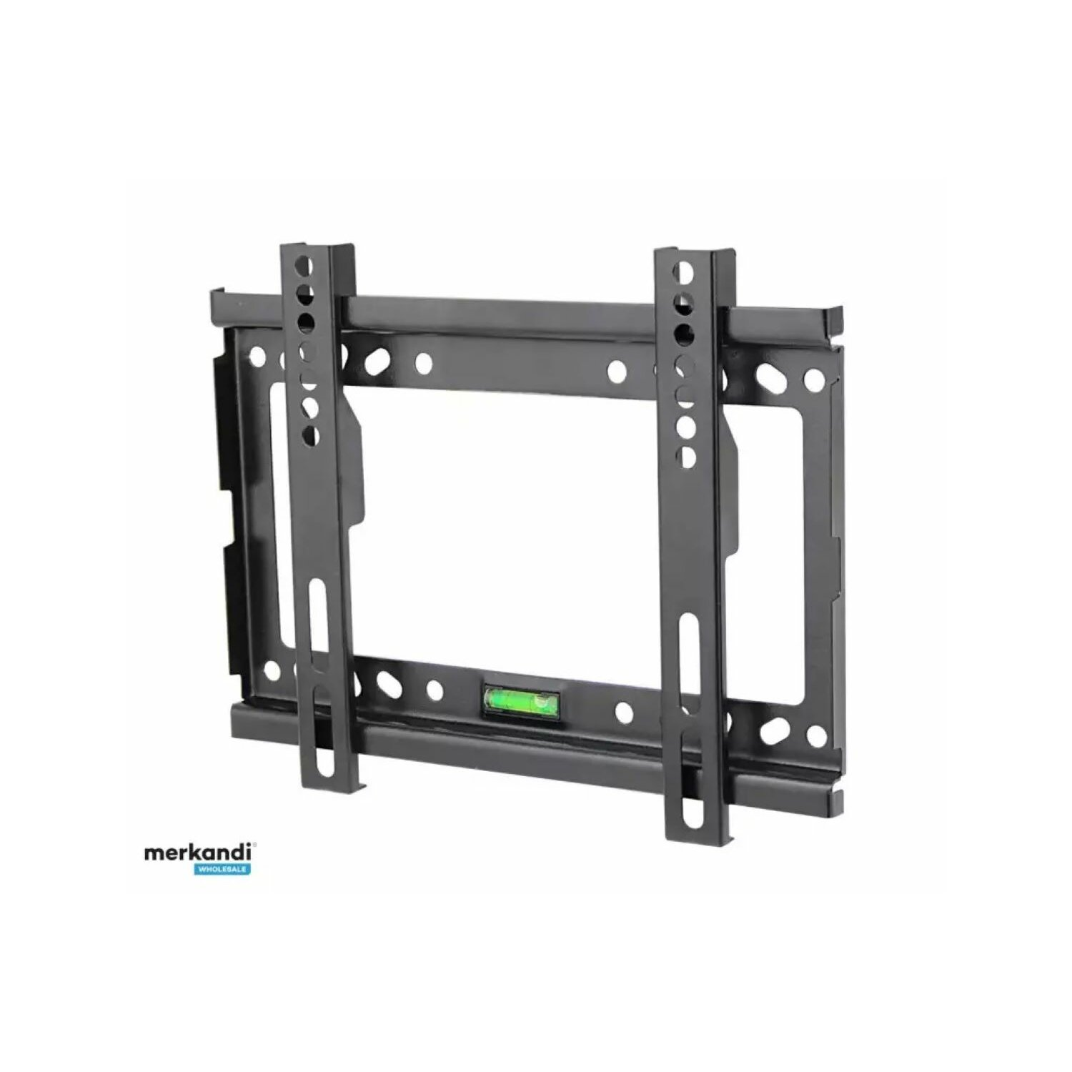 Supporto a parete per TV in metallo nero con indicatore di livello verde.