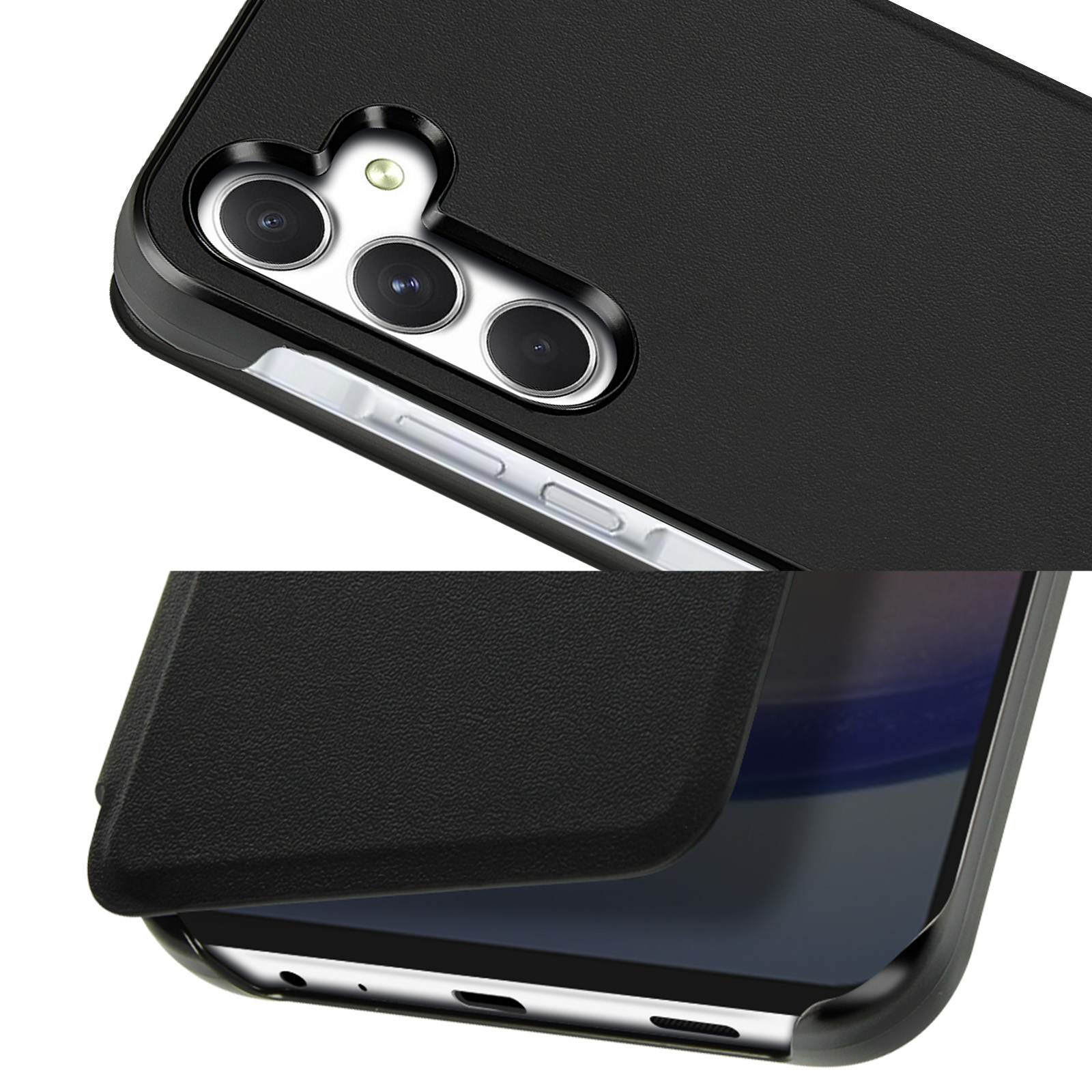 Coque de téléphone noire, gros plan. Vues du haut et du bas, caméra et écran.