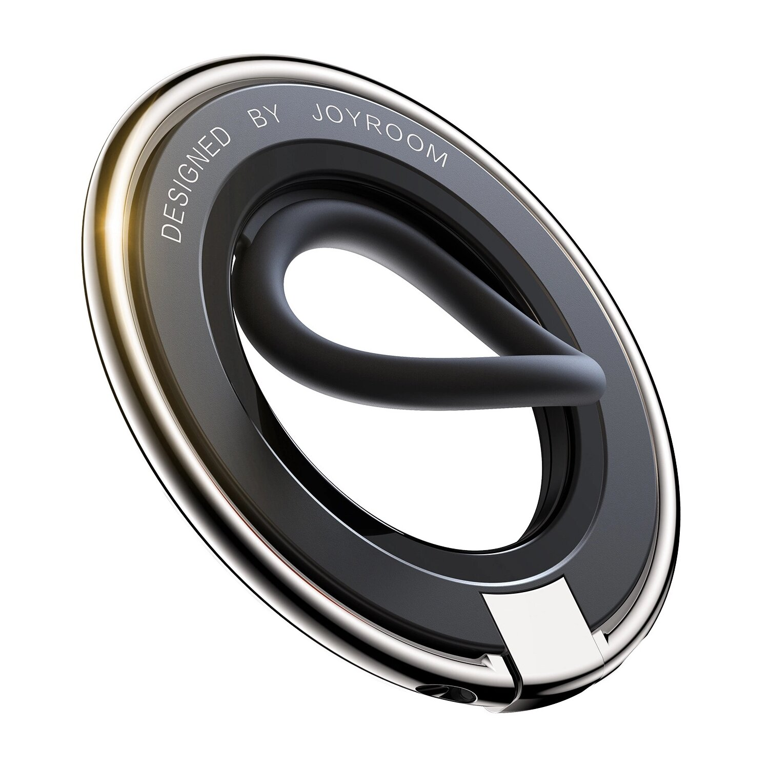 Srebrny i czarny uchwyt na pierścień do telefonu z napisem 'DESIGNED BY JOYROOM', na białym tle.