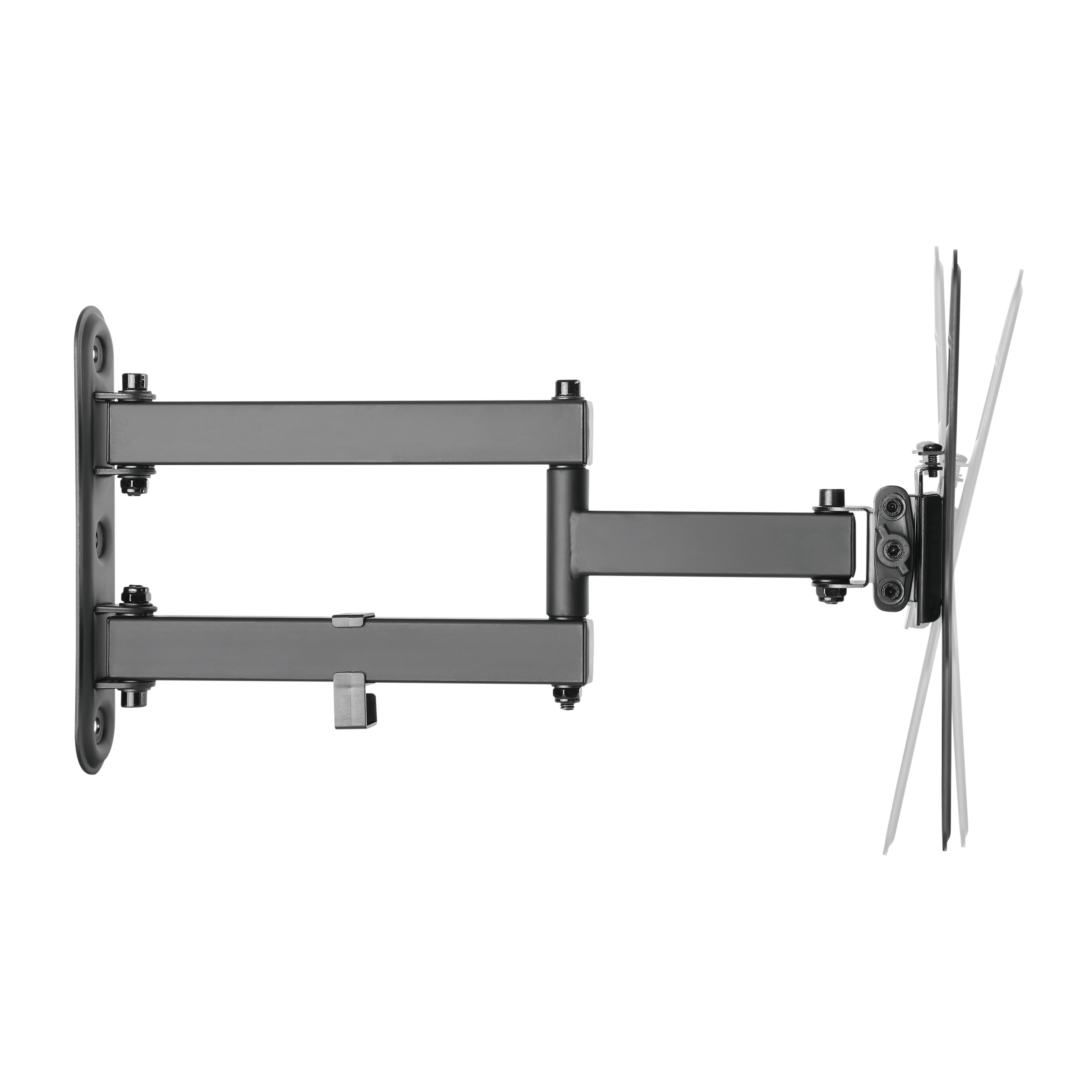 Schwarze TV-Wandhalterung mit schwenkbarem Arm, an einer Wand montiert. TV ist nicht angebracht.
