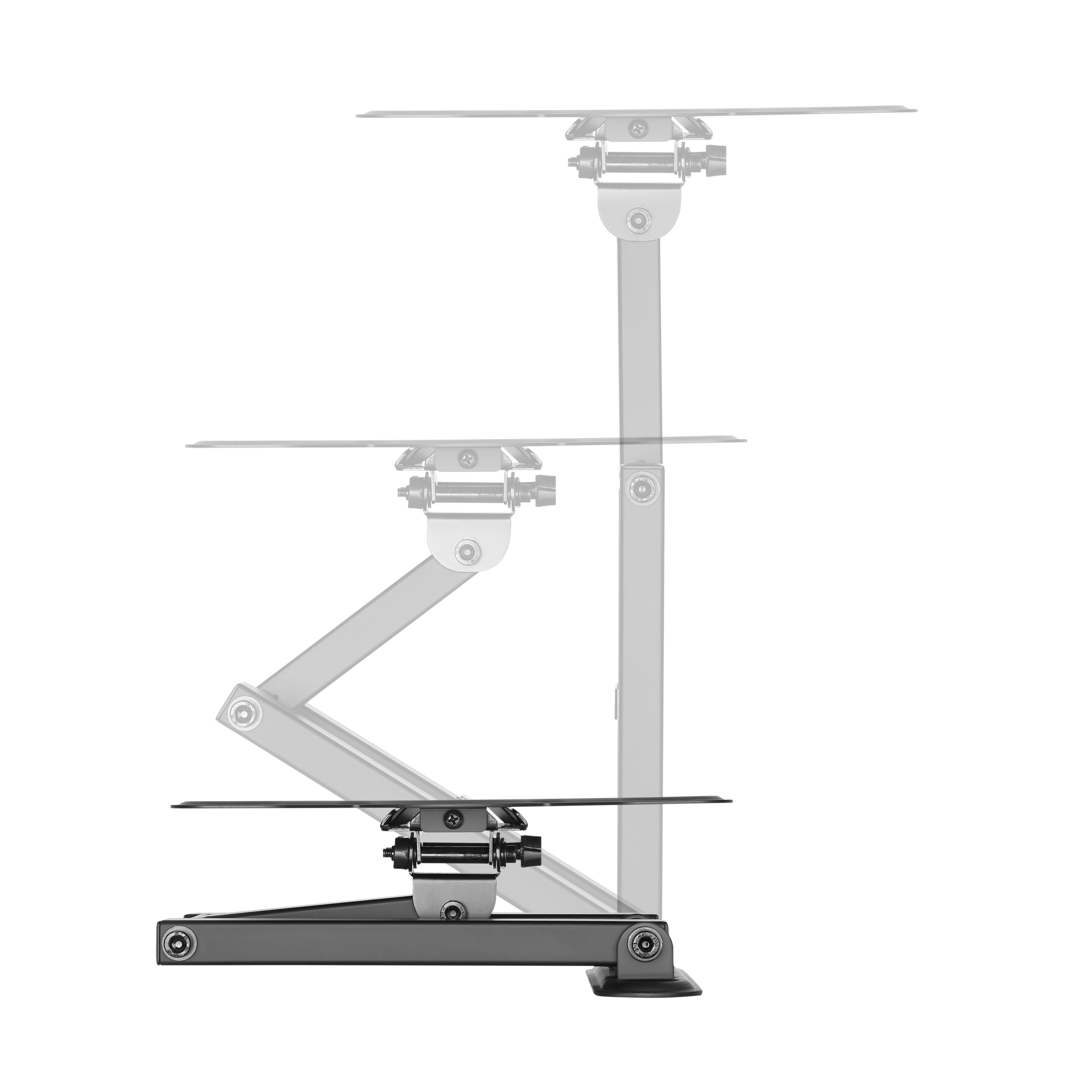 Eine Halterung mit drei Regalen, wahrscheinlich für einen Monitor oder ein Display.