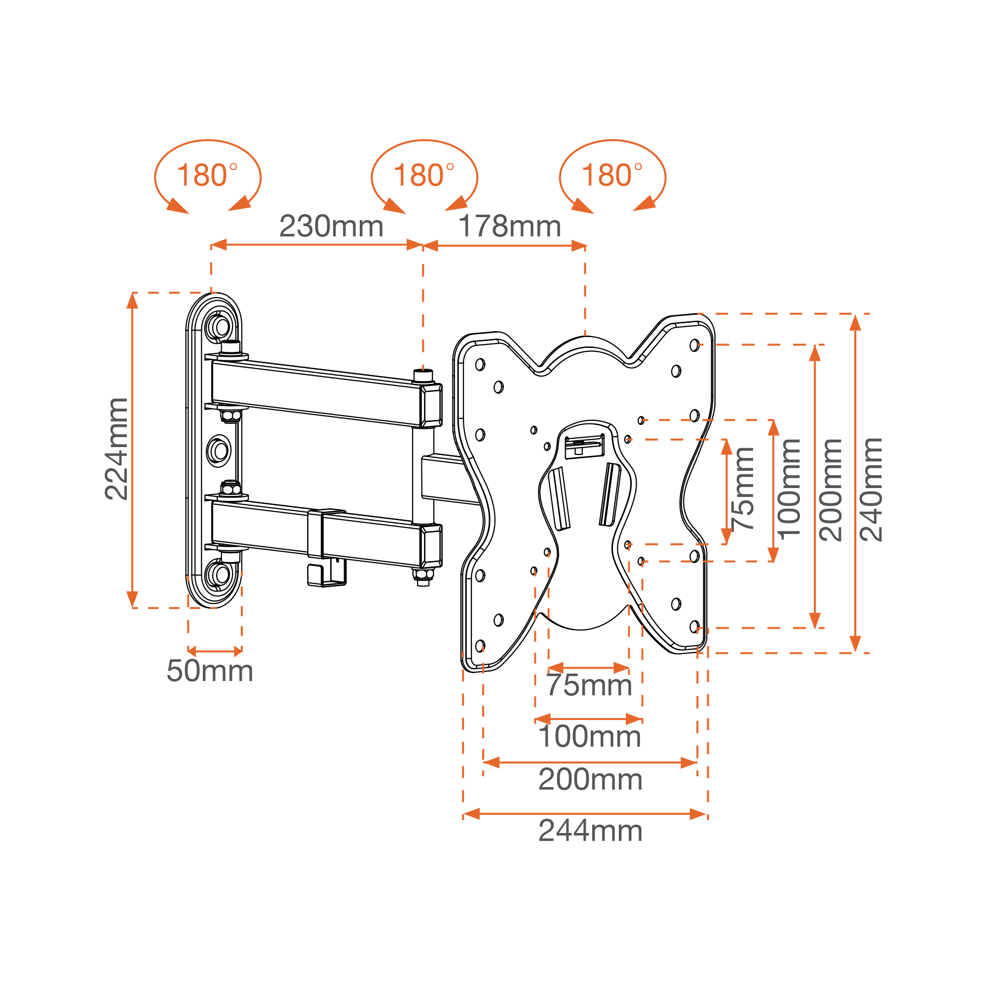 Diagramm mit Messungen, Pfeilen und Abmessungen für eine TV-Halterung.