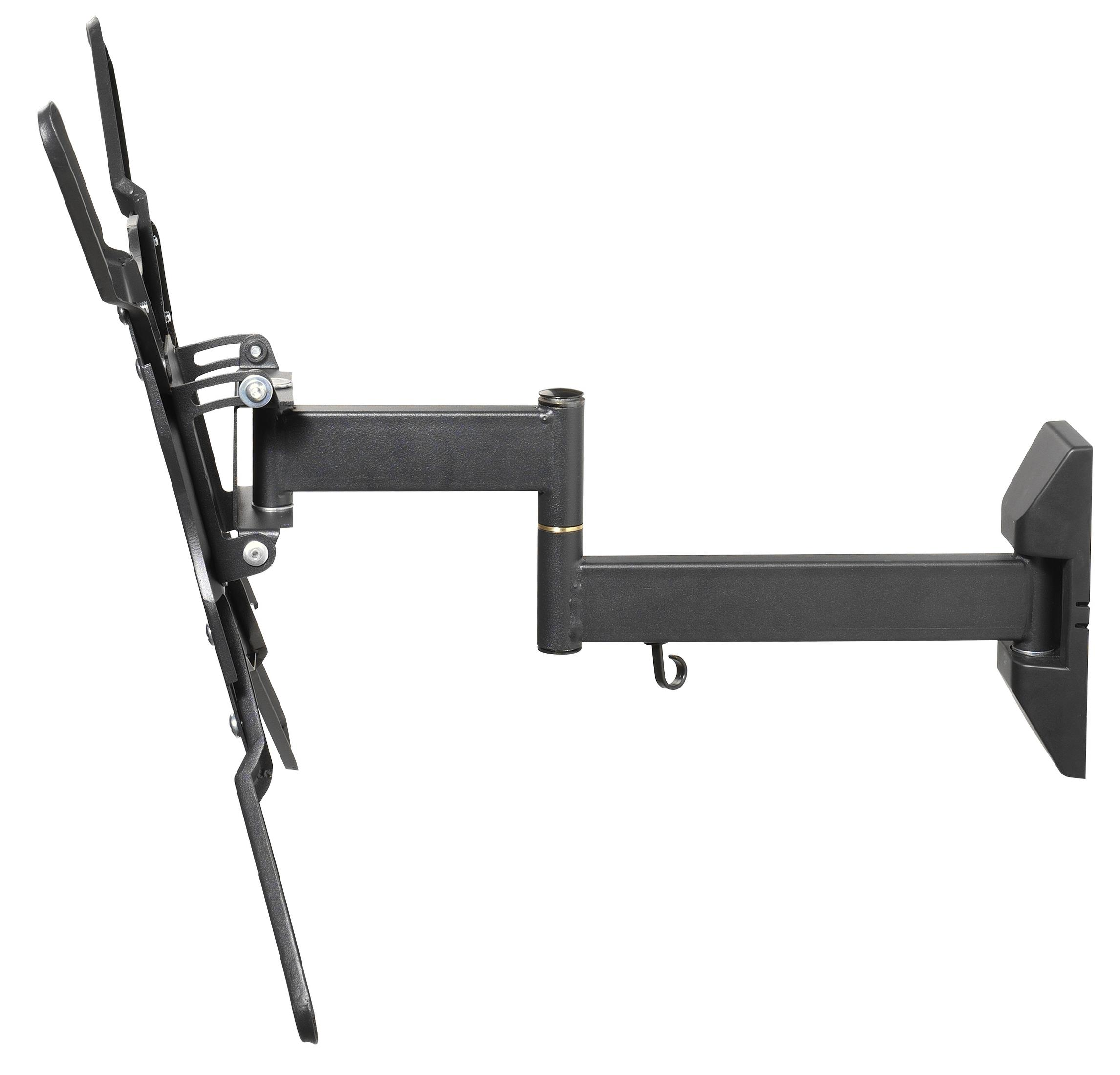 Un soporte de pared para TV negro con un brazo ajustable, montado en una pared.