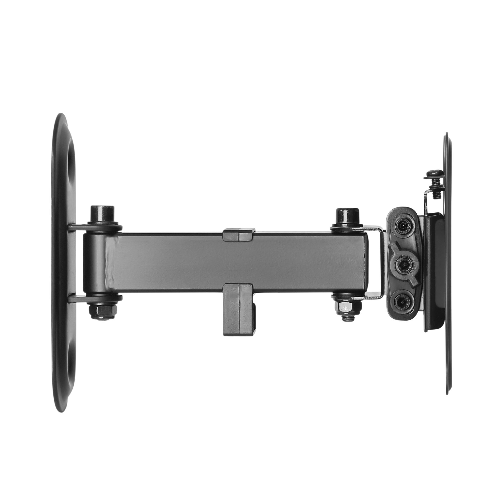 Soporte de pared para TV negro, visto de lado, con tornillos y accesorios de montaje sobre un fondo blanco.