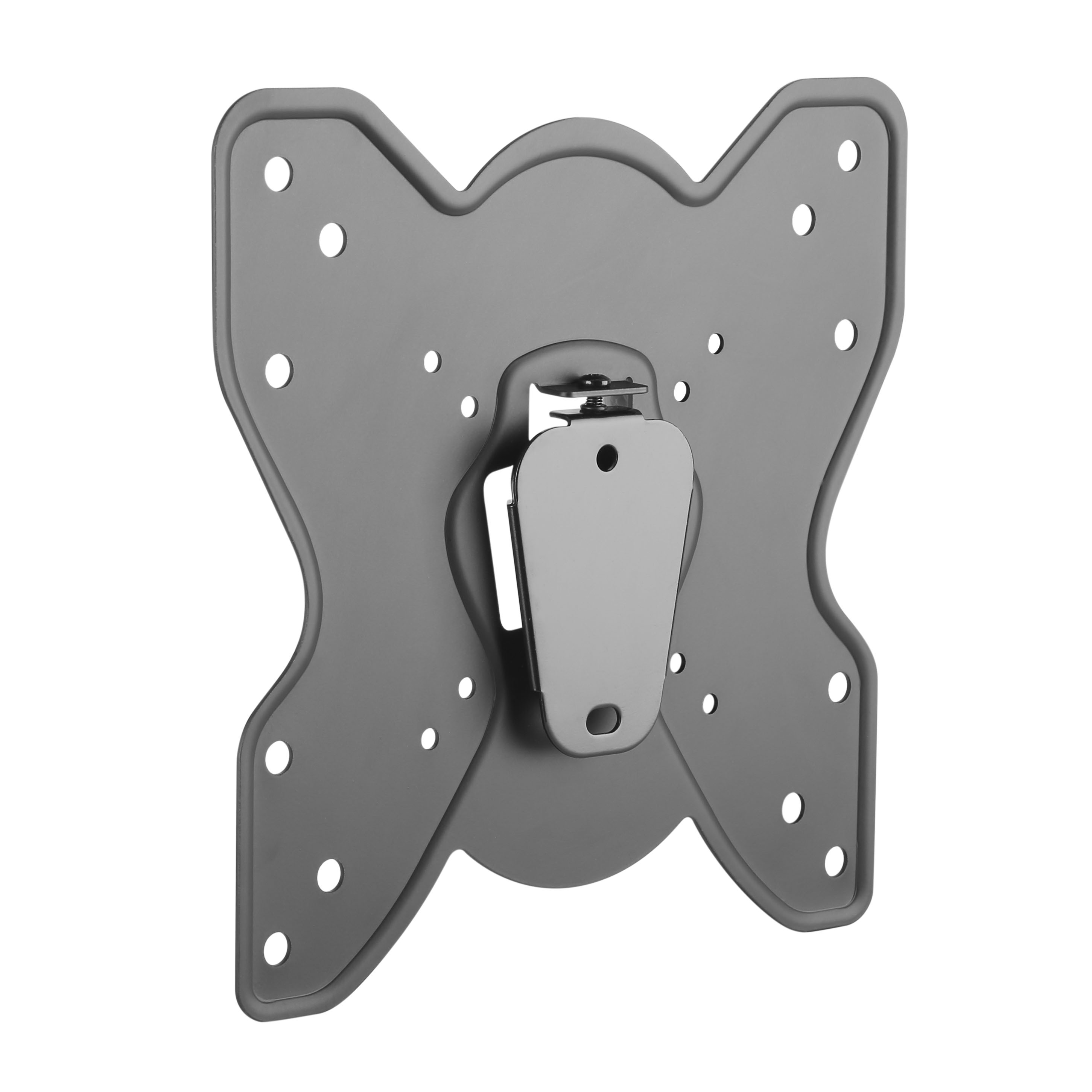Soporte de pared para TV gris. Es un soporte en forma de mariposa con un mecanismo pivotante central.