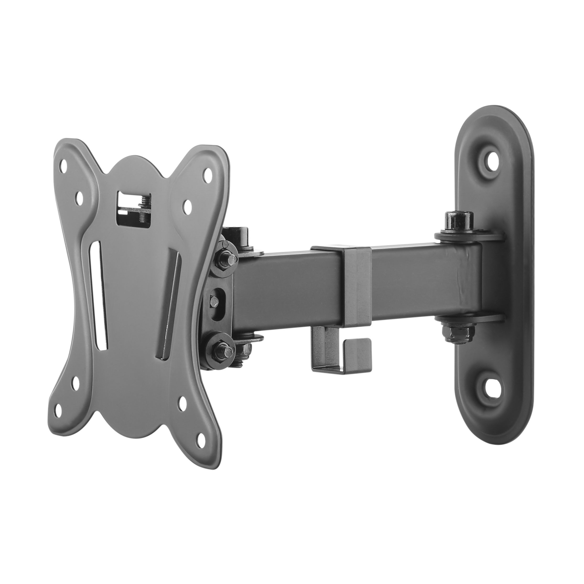 Un soporte de pared para TV negro sobre fondo blanco, listo para usar.