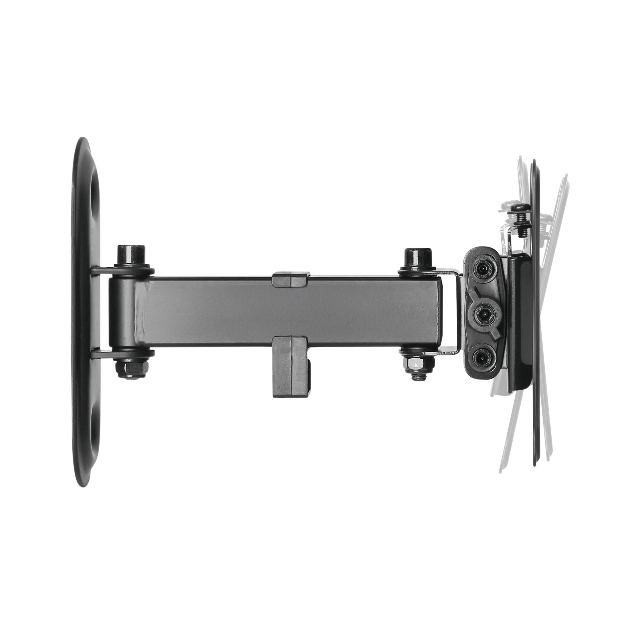 Soporte de pared para TV negro, vista lateral, con brazo metálico y placa.