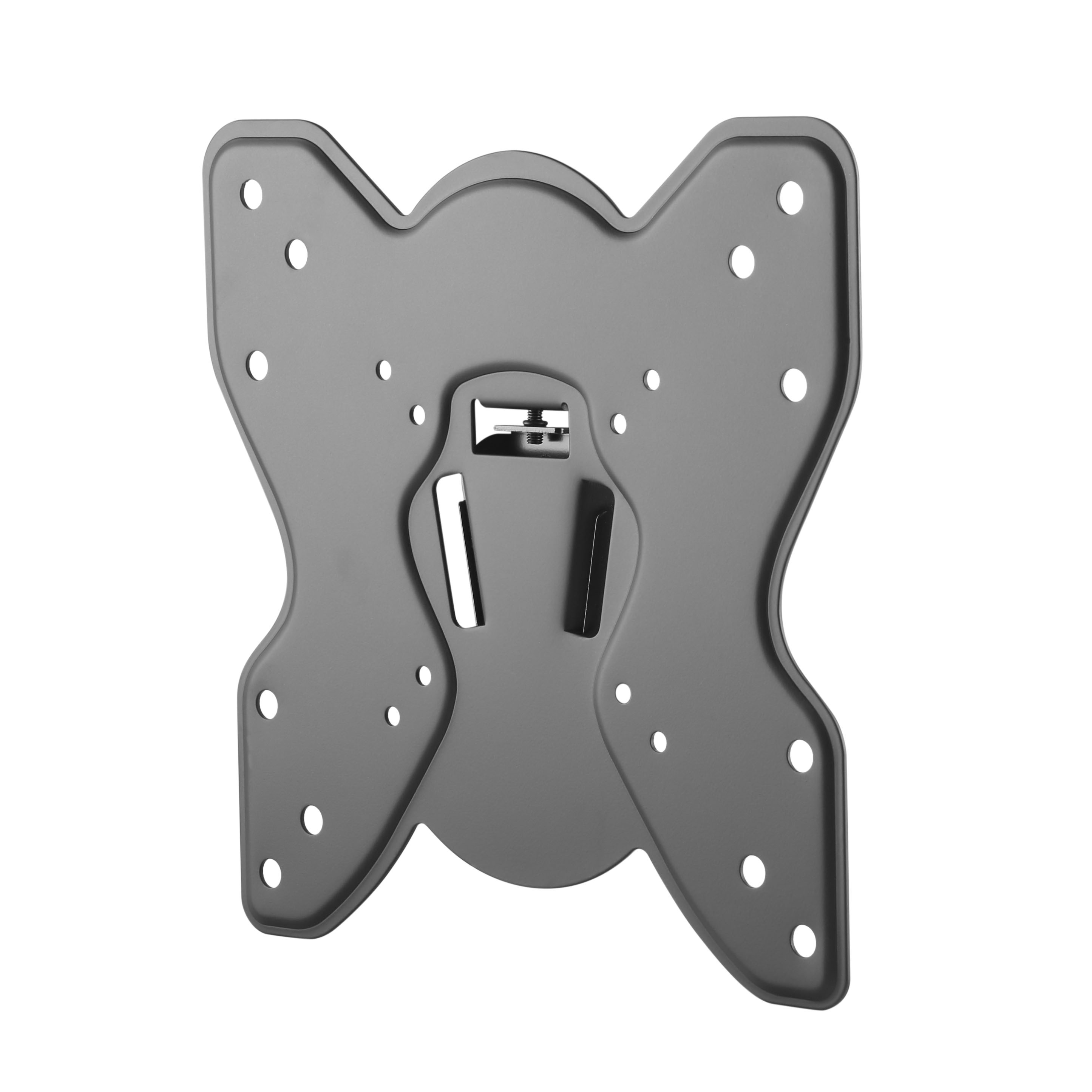 Un soporte de pared para TV gris sobre un fondo blanco.