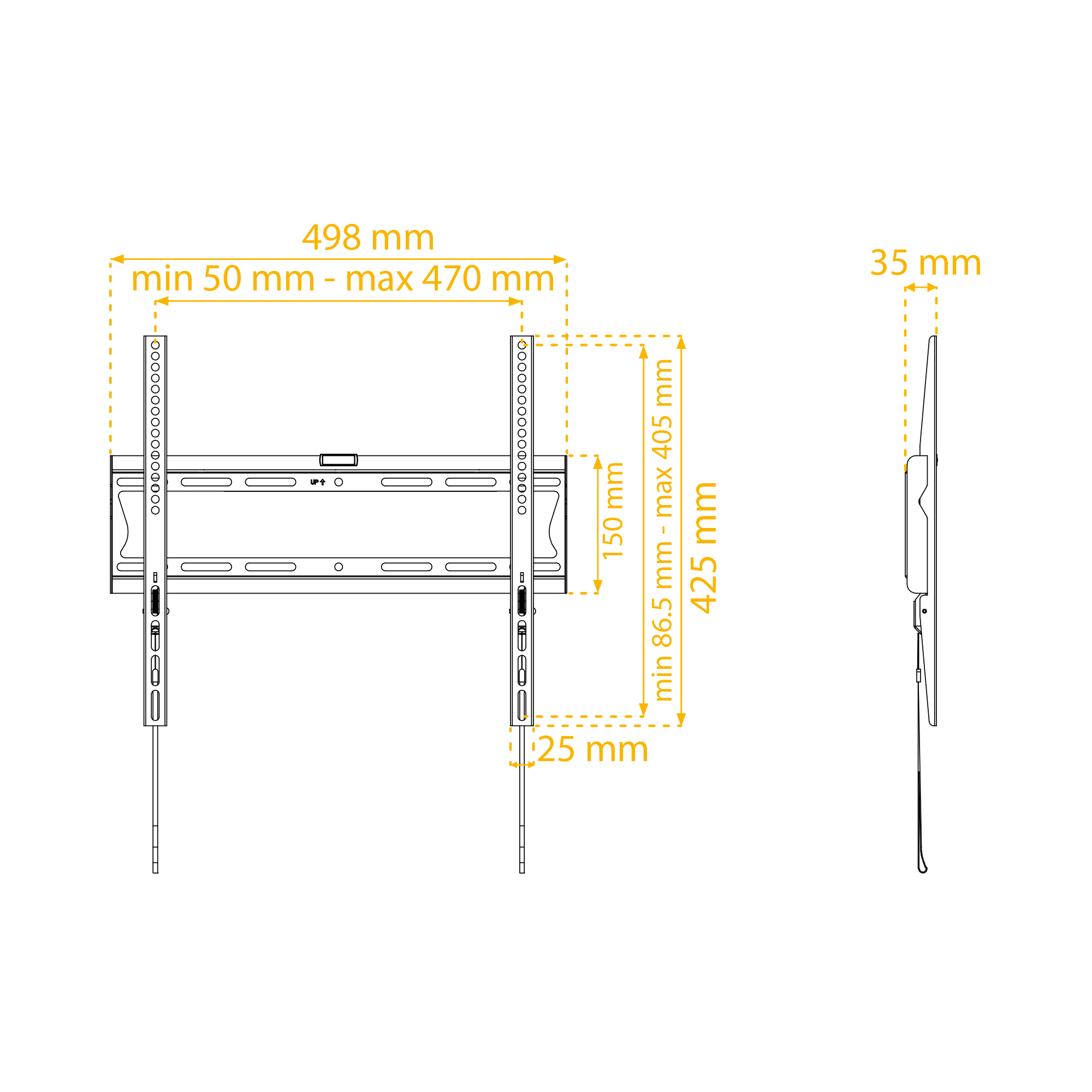 Dibujo técnico de un soporte de pared para TV, con dimensiones y medidas en milímetros.